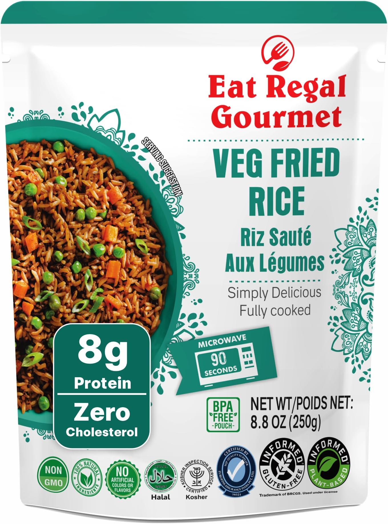 Eat Regal Ready to Eat Veg Fried Rice, 8g Protein per Pouch, 1.5 Minutes Microwave Rice, Zero Cholesterol, Savory Vegetable Flavor, Non-GMO Ingredients, Gluten-Free, Halal & Kosher, BPA-Free Pouch, 8.8 oz Pack of 6