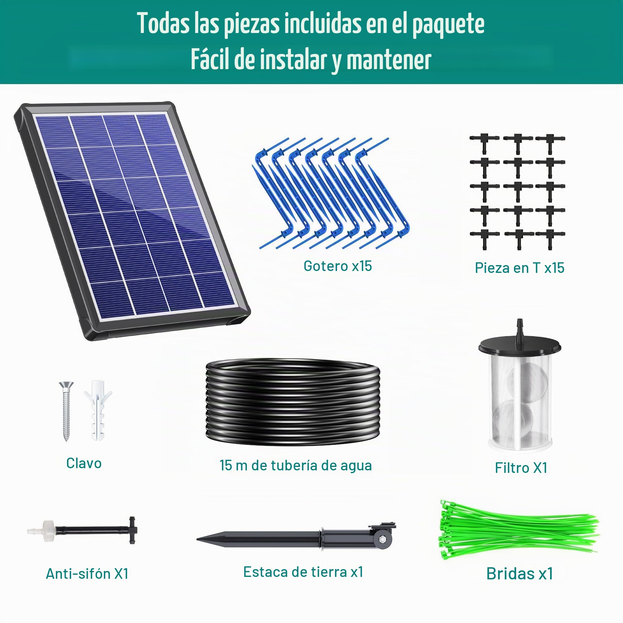 Biling Sistema de riego solar para jardín, riego automático, 15-20 plantas en maceta con panel de 3,5 W, manguera de 15 m, para balcón, jardín, invernadero, riego de vacaciones, sistema de riego de