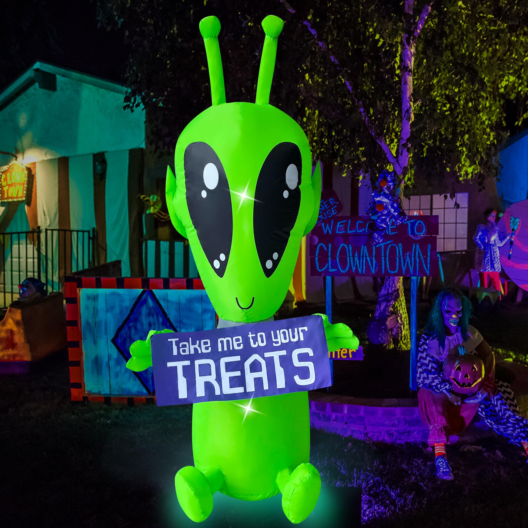 4 FT Halloween Inflatable Alien with Banner, Built-in LED Lights Decoration for Holiday, Lawn, Yard, Garden, Home, Indoor and Outdoor Decoration