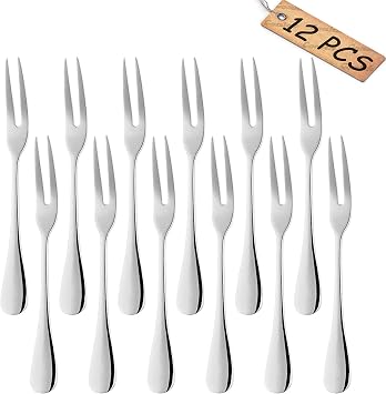 Comicfs 12-Piece Stainless Steel Forks, 5.3 Inches, Seafood Crab Forks Escargot Fork 2 Prong Tasting Appetizer Fork Dessert Cocktail Salad Fruit Fork for Party Travel Silver