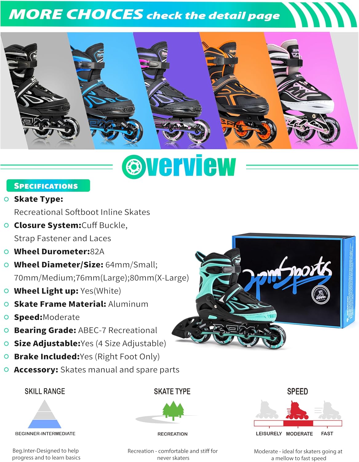 2PM SPORTS Vinal Girls Adjustable Flashing Inline Skates, All Wheels Light Up, Fun Illuminating Skates for Kids and Men