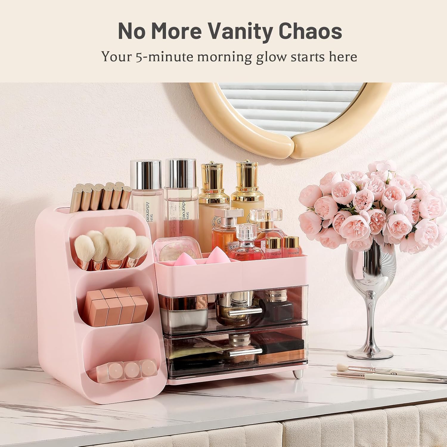 Aveniee Makeup Organizer with Drawers, Vanity Organizer for Bathroom Countertop, Large Cosmetics Skincare Display Case Desk Storage for Perfume Jewelry Lipsticks (Pink)