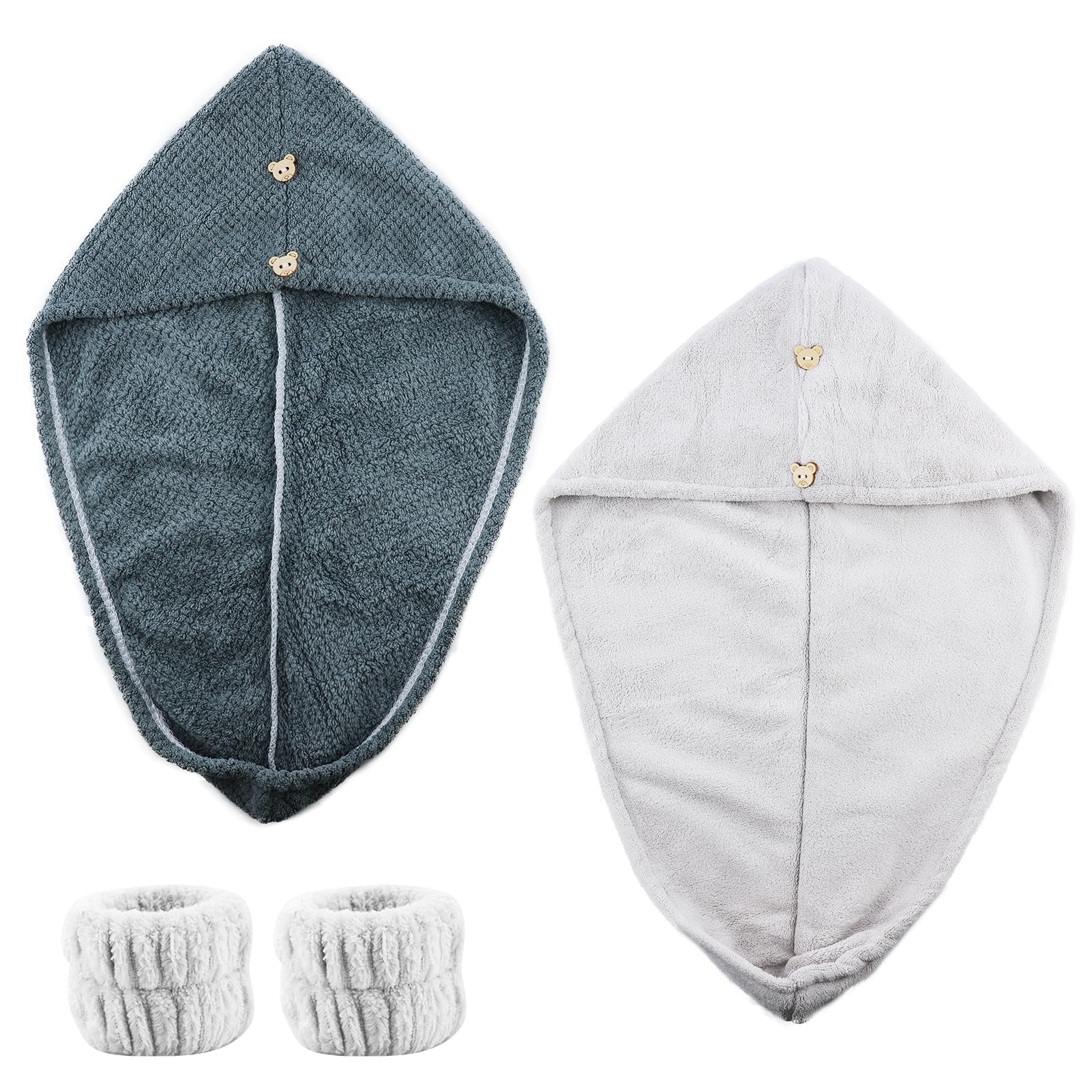 2 asciugamani in microfibra per capelli lunghi e ricci, turbante per capelli, asciugamano turbante con bottoni per asciugatura rapida, super assorbente, anti-crespe, asciugamano da donna, grigio