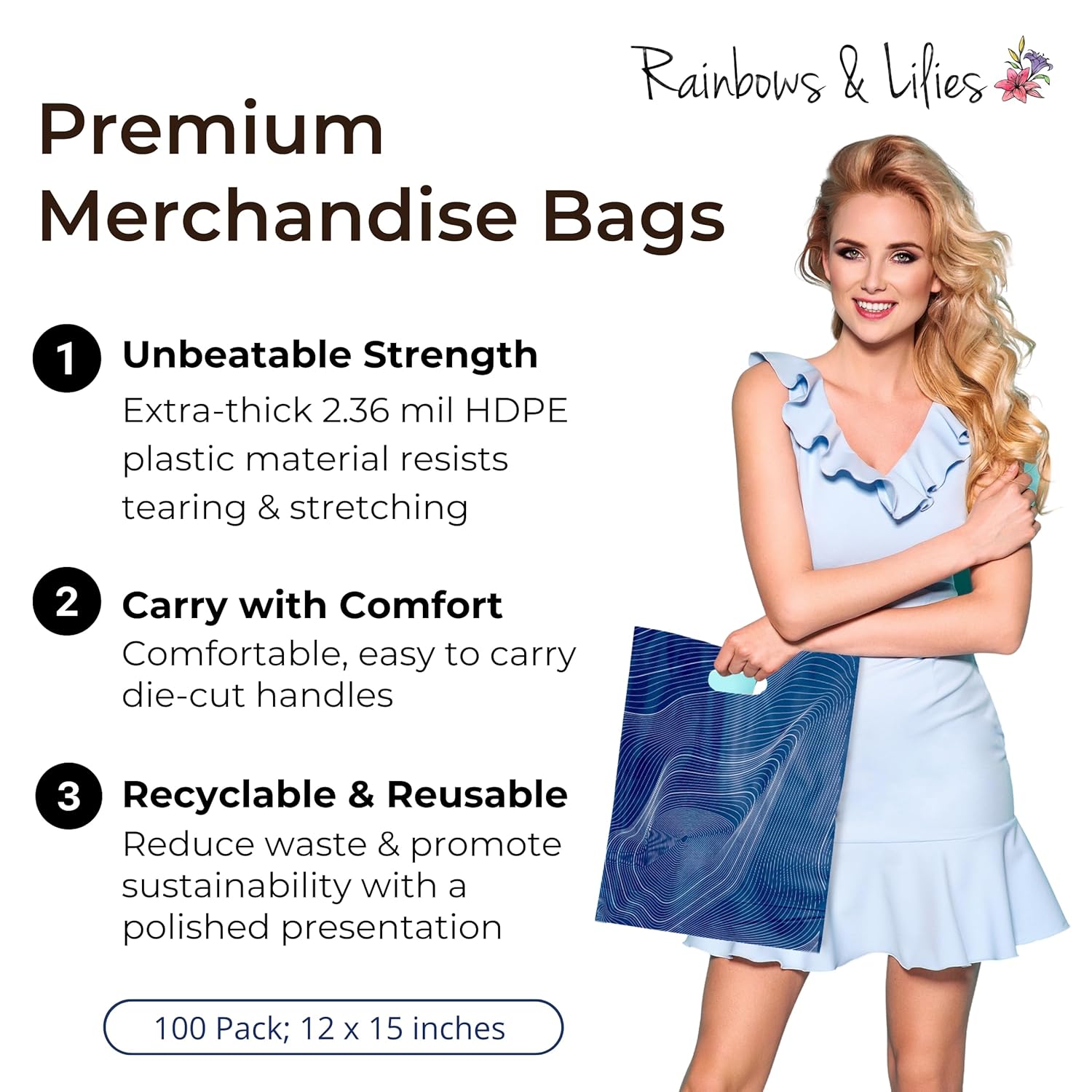 Rainbows & Lilies 100 Thick Blue Plastic Bags with Handles - 12"W x 15"H Bulk Reusable Shopping Bags for Business, Retail Store, Boutique - Holds Merchandise, T-Shirts, Gifts, Products, Party Favors - Image 2