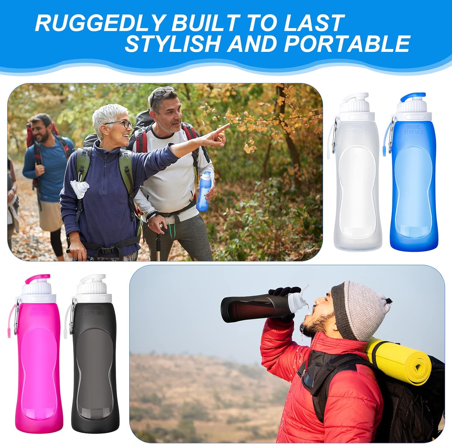 Zopeal 4 Pieces Collapsible Water Bottles Roll up Folding Silicone Foldable Leak Proof Water Bottles for Sports Traveling Riding Camping Hiking Backpack