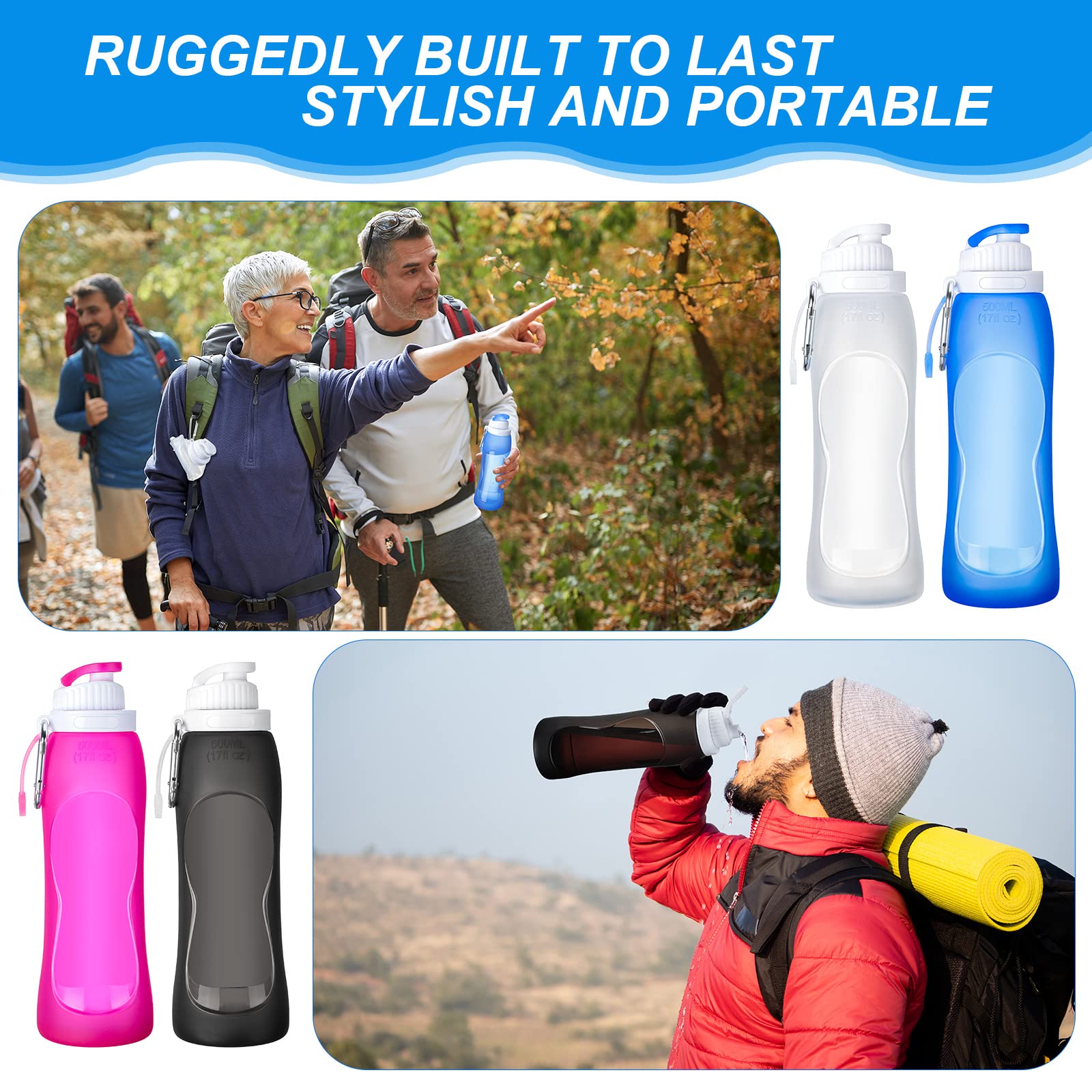 4 botellas de agua plegables de 17 onzas, 500 ml, botella plegable enrollable, de silicona, a prueba de fugas, para deportes, viajes, equitación, camping, senderismo, mochila