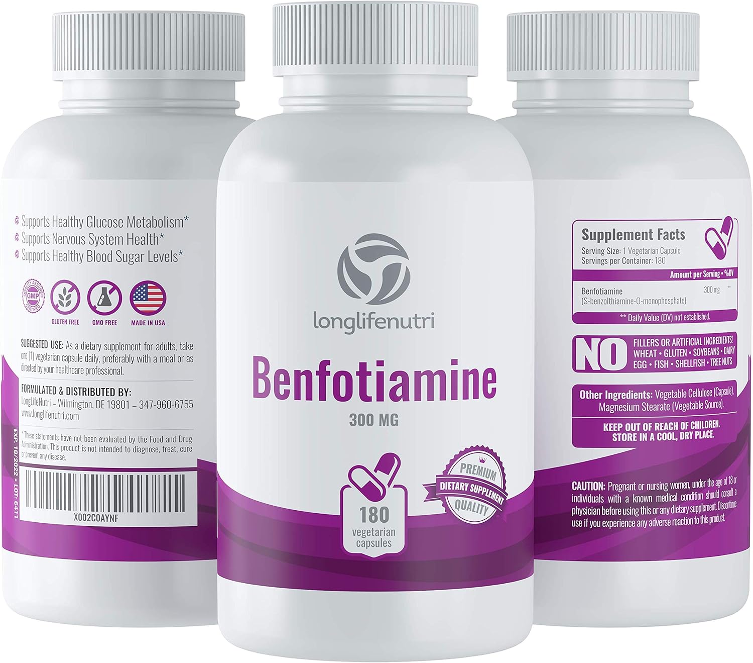 Benfotiamine 300mg 180 Vegetarian Capsules | Fat-Soluble Vitamin B1 Thiamine Powder Supplement | Promotes Healhty Blood Sugar Level | Supports Circulation & Nervous System | Mega Benfo Thiamin Complex : Health & Household