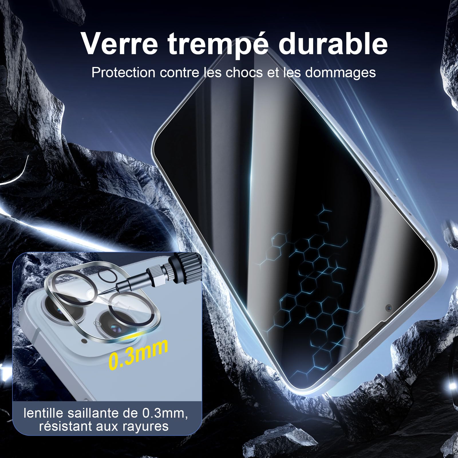 NEW'C Kit de 4, 2 x Verre Trempé Anti-Espion pour iPhone 14 (6,1 Pouces) et 2 x Protection Caméra Arrière - Ultra Résistant - Dureté 9H Glass- Angle de Confidentialité 28 Degrés Amélioré