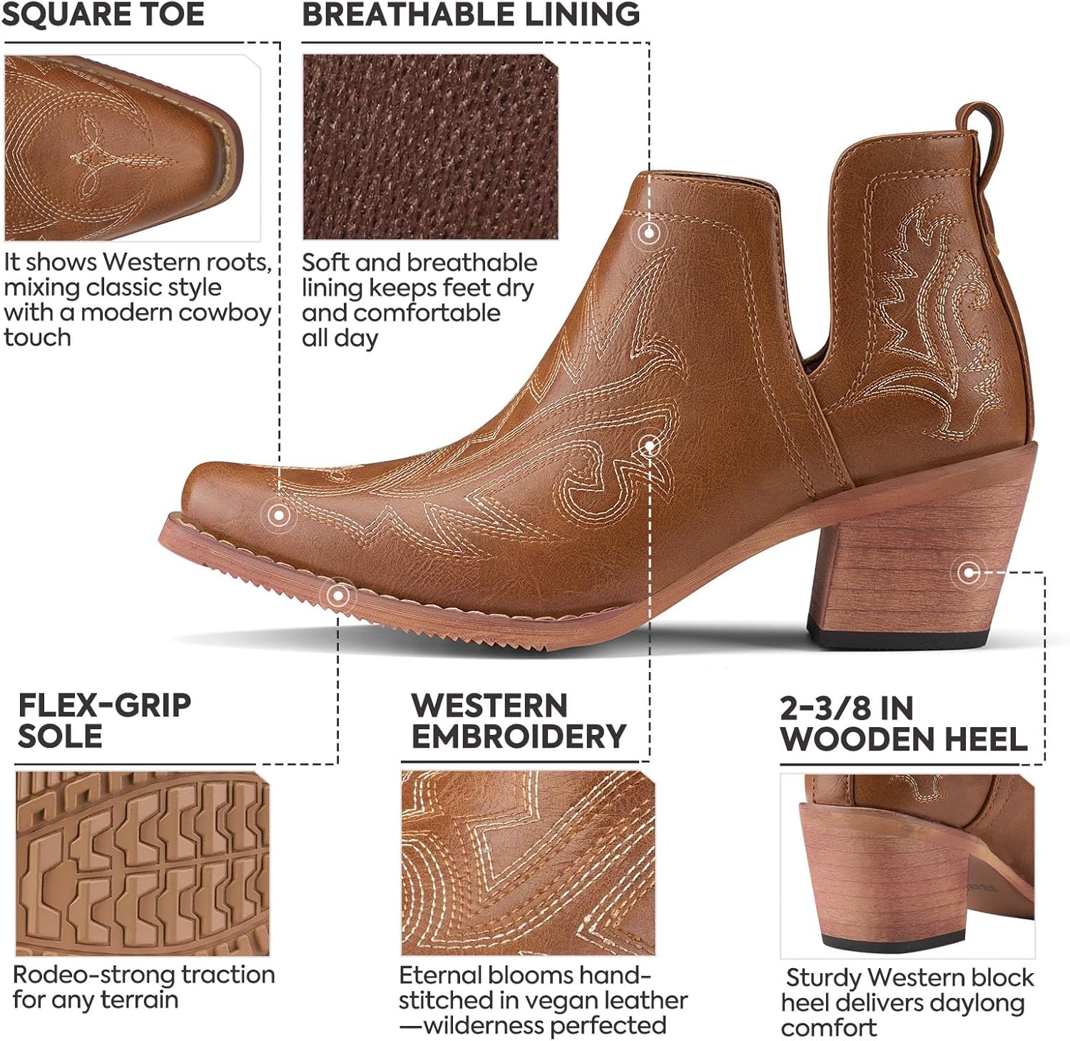 Rollda Cowboy Ankle Booties for Women, Cowgirl Short Boots with Chunky Stack Heels, V Cutout Ladies Western Booties for Cowboy Chic Style