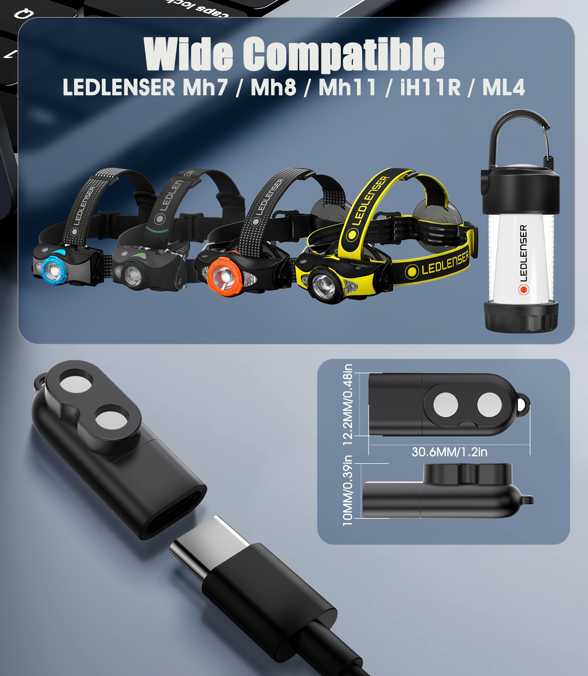 Adapter ładowania typu C kompatybilny z LEDLENSER MH7 MH8 | MH11 iH11R ML4 - Kompatybilna z ładowarką magnetyczną - czarna
