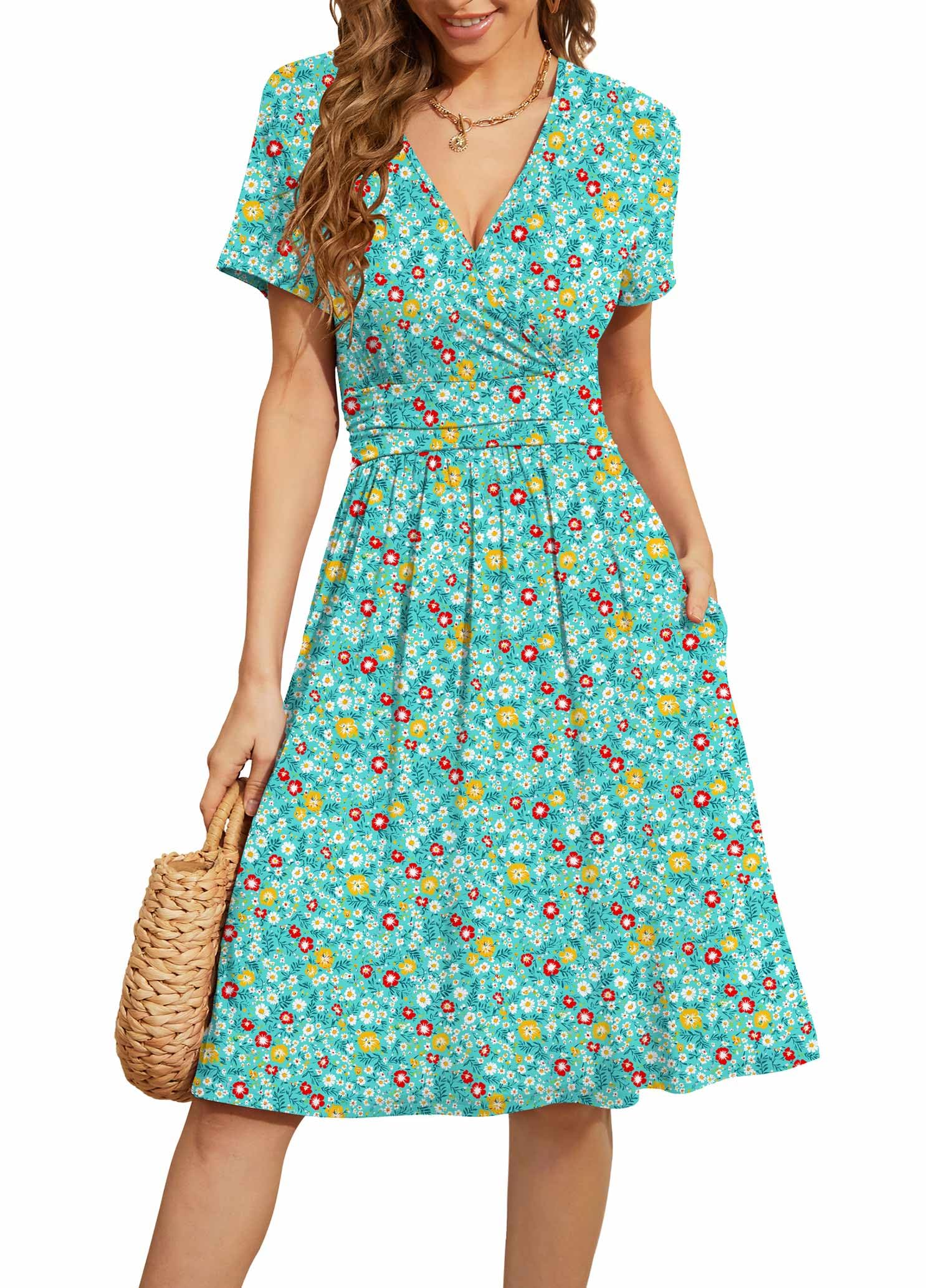 WEACZZY Women's Summer Short Sleeve Casual Dresses V-Neck Floral Party Dress with Pockets