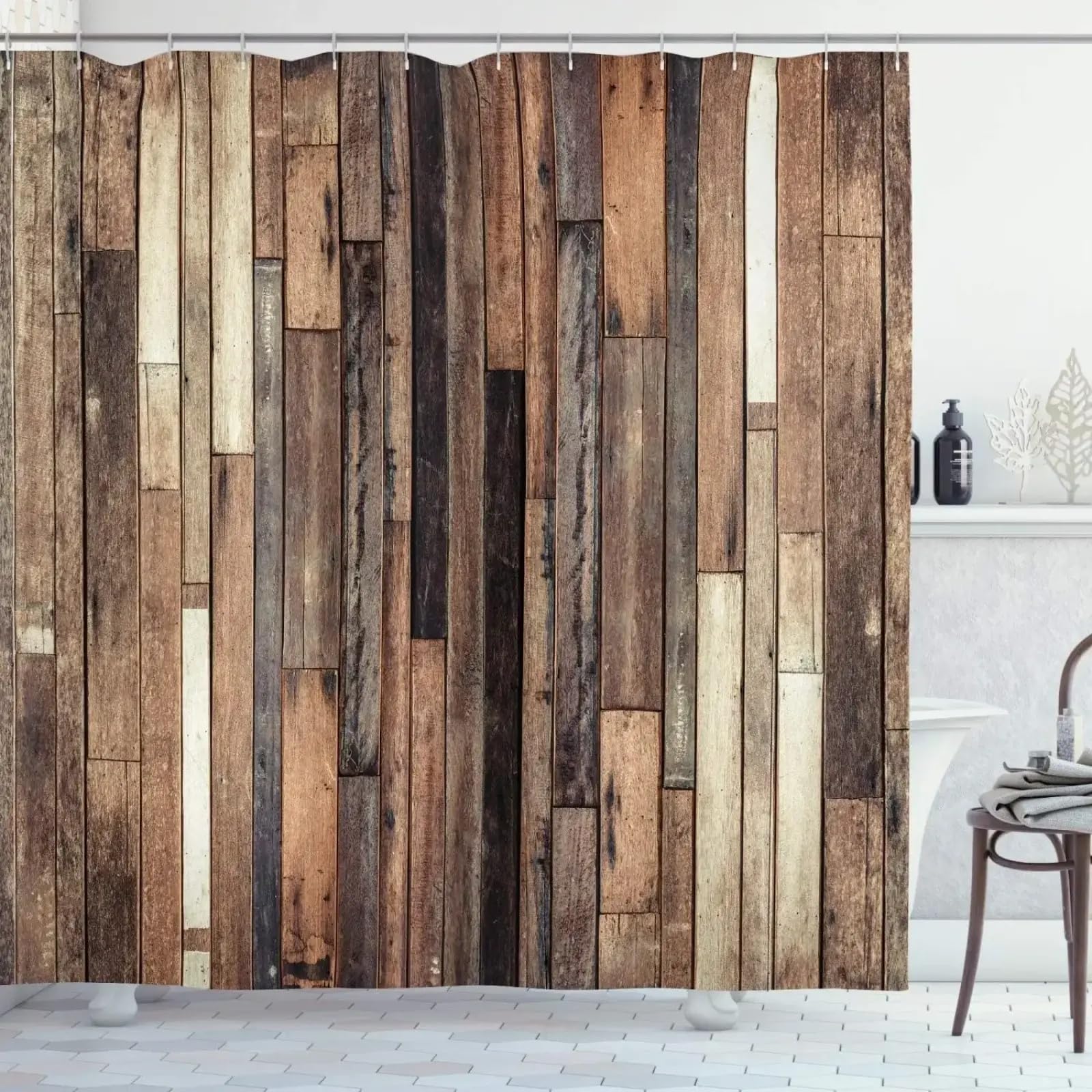 Rideau de douche en grain de bois rétro marron et tissu imprimé rural pour salle de bain