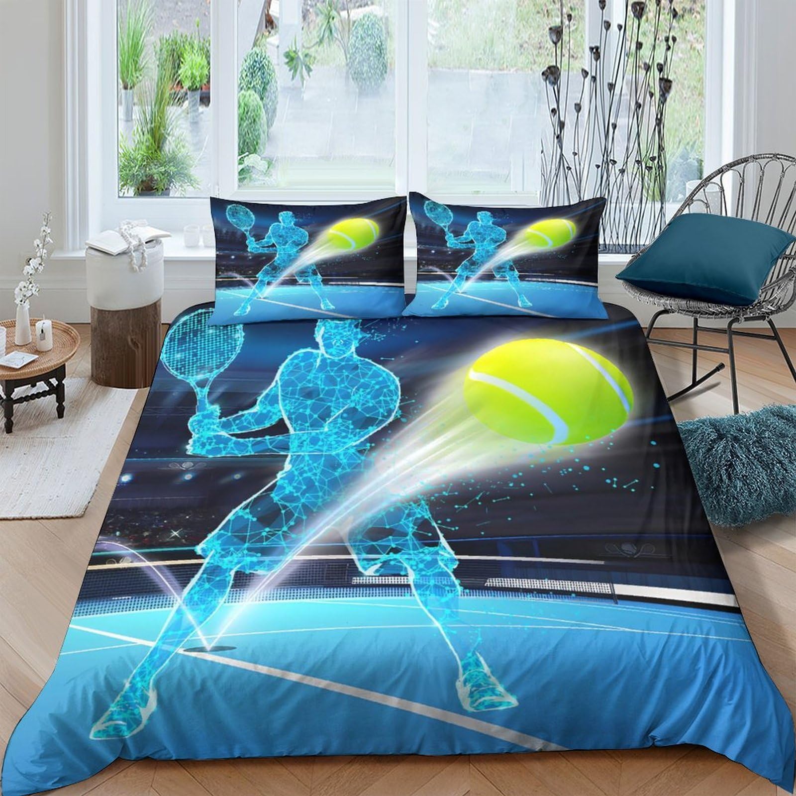 GPLZQXKJNH 3D Printed Tennis Player Duvet Cover Set Microfiber Breathable Neon Ball Bedding Set with 2 Pillowcases for Bedroom Decor Single（135x200cm）