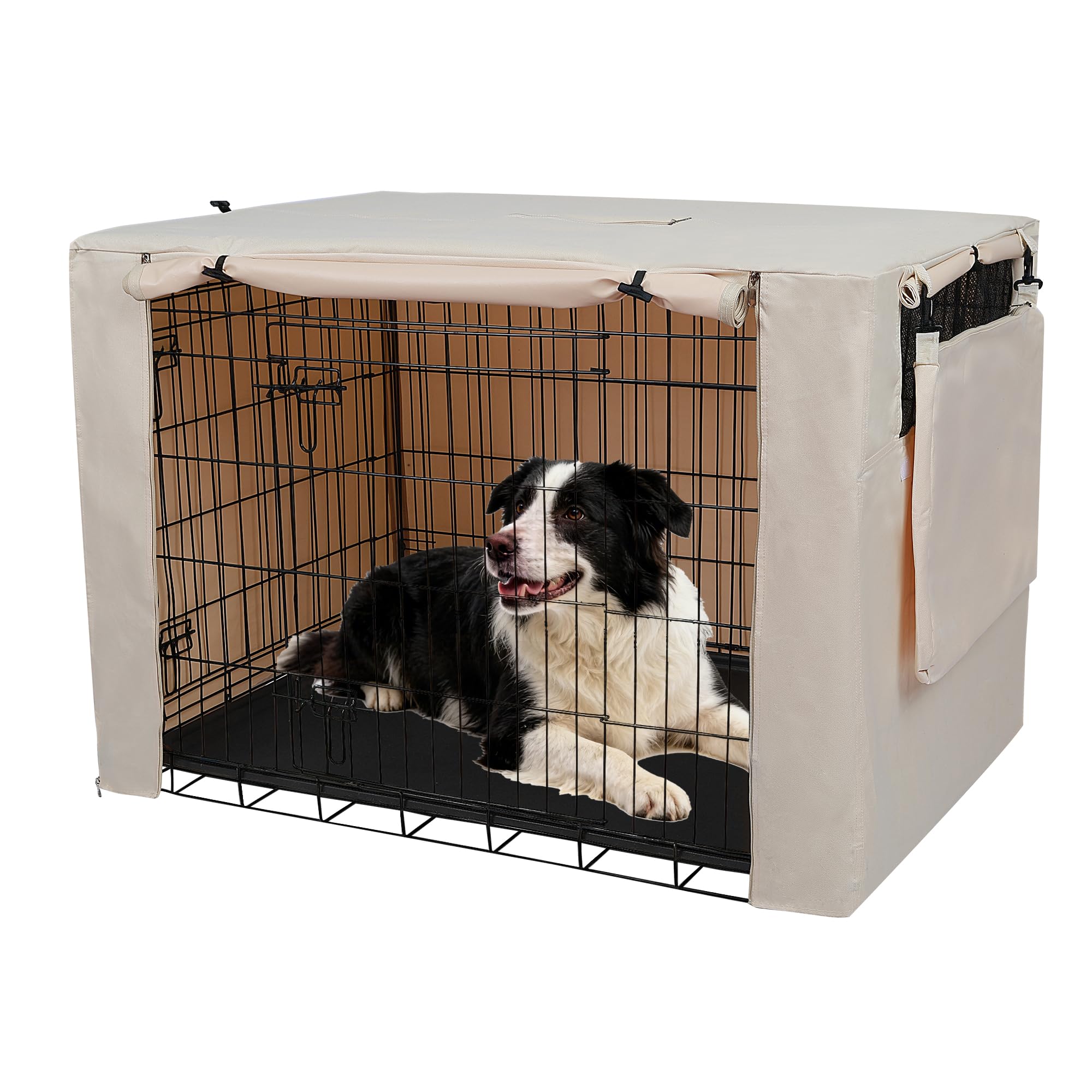 Deblue 36 Inches Dog Crate Cover with Storage Bag, Polyester Heavy-Duty Pet Kennel Cover Universal Fit for Double Doors Standard Metal Wire Crate (Beige-with Bag)