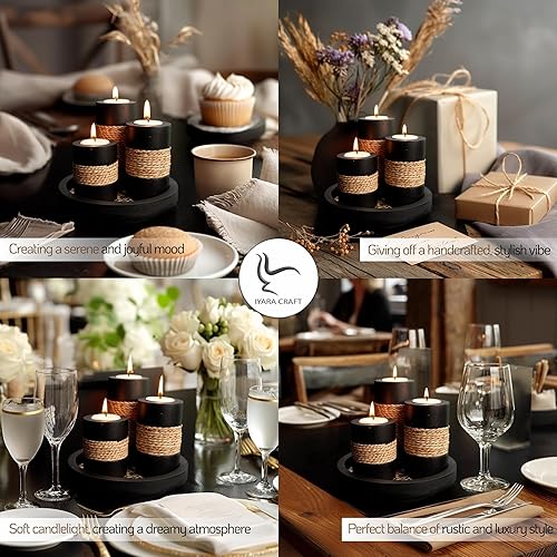 Miniatura 5 de IYARA CRAFT Portavelas Tealight con bandeja, juego de 3 portavelas de madera rústica negra con acento de cuerda natural, acogedor centro de mesa de