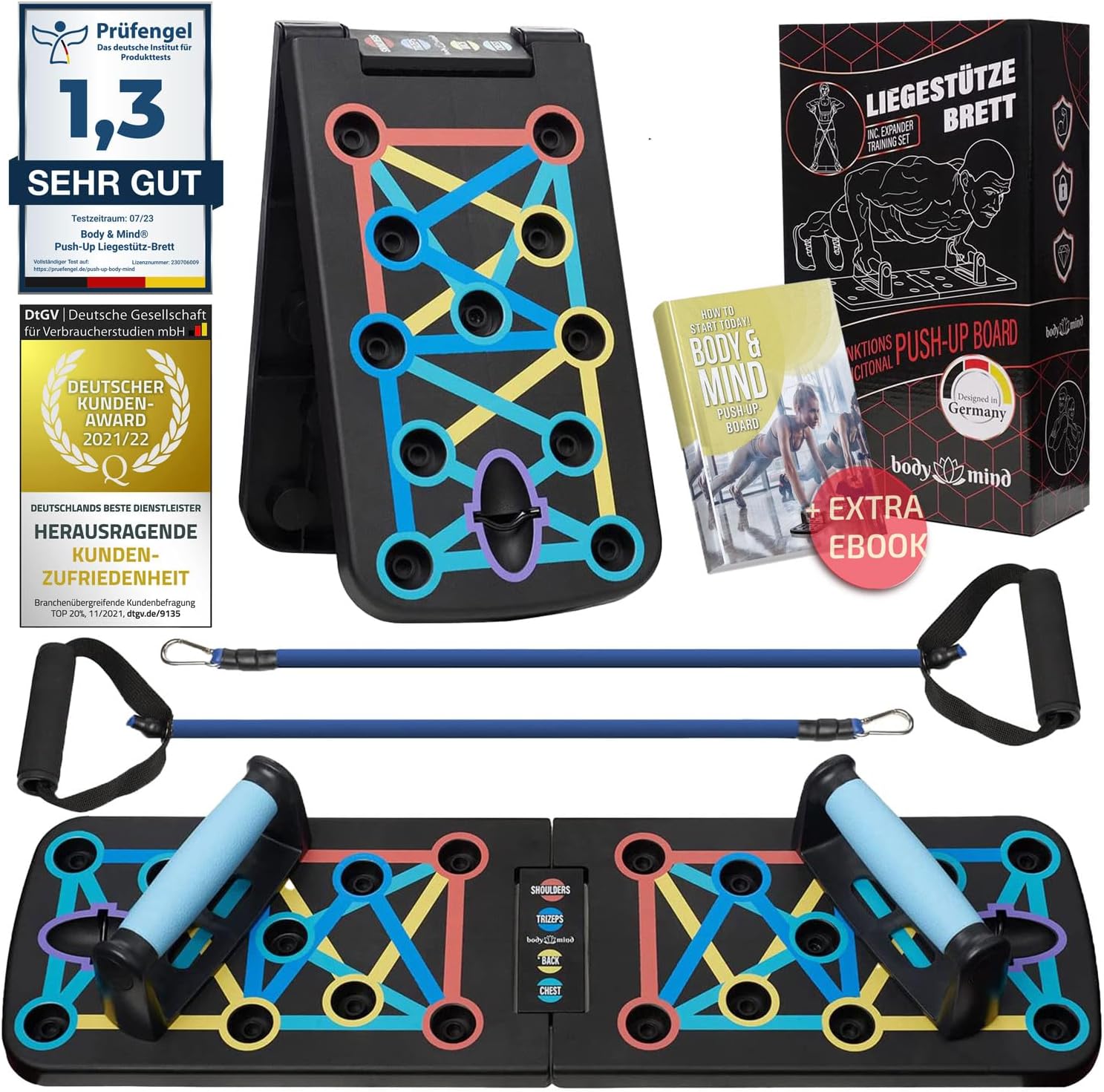 Body & Mind® Push-Up Board; Foldable Multifunctional Elite Rack Fitness Board for Full Body Training & Effective Pushups; Push-up Handles with Free Training Bands & E-Book