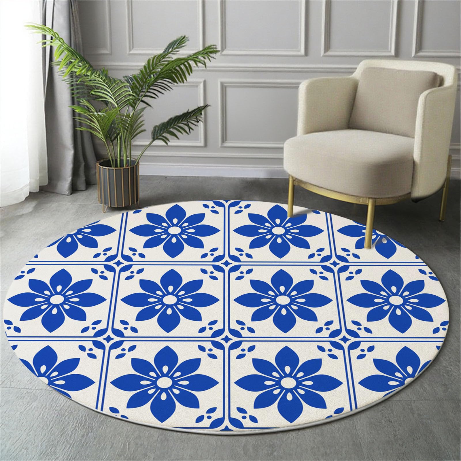 Tapis Rond 160 Cm, Fleurs Traditionnelles Bleu Marine | Lavable Et Antidérapant, Tapis De Sol Doux Carreaux À Damier Méditerranéens Pour Chambre, Salon Cheminée Et Salle De Jeux