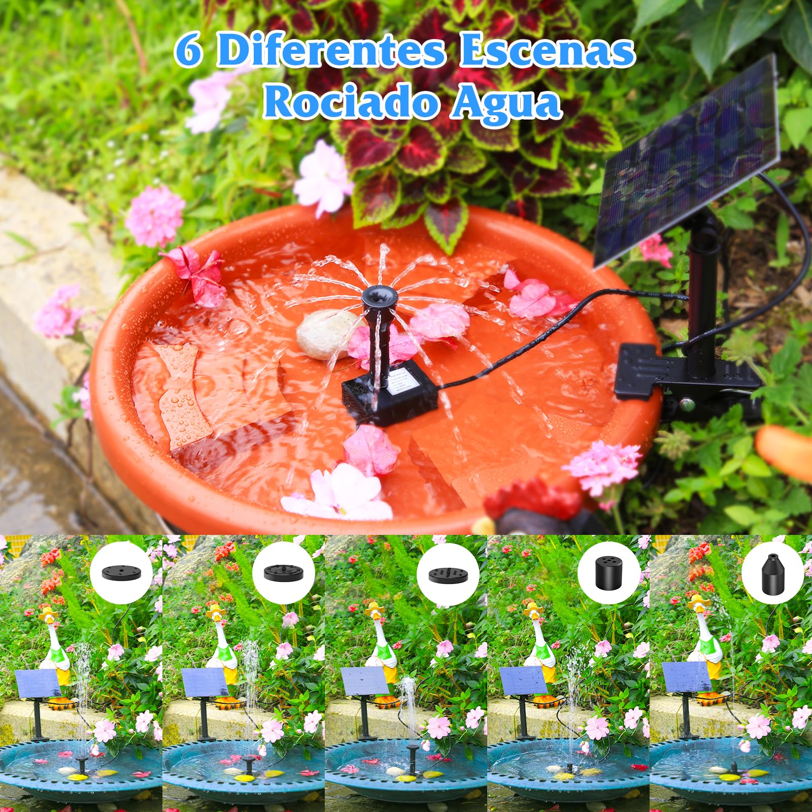 Fuente Solar 2,5W Baño de Pájaros Bomba Desmontable Actualizada con Clip de Fijación con 6 Efectos de Pulverización para Riego de Aves, Decoración de Jardine