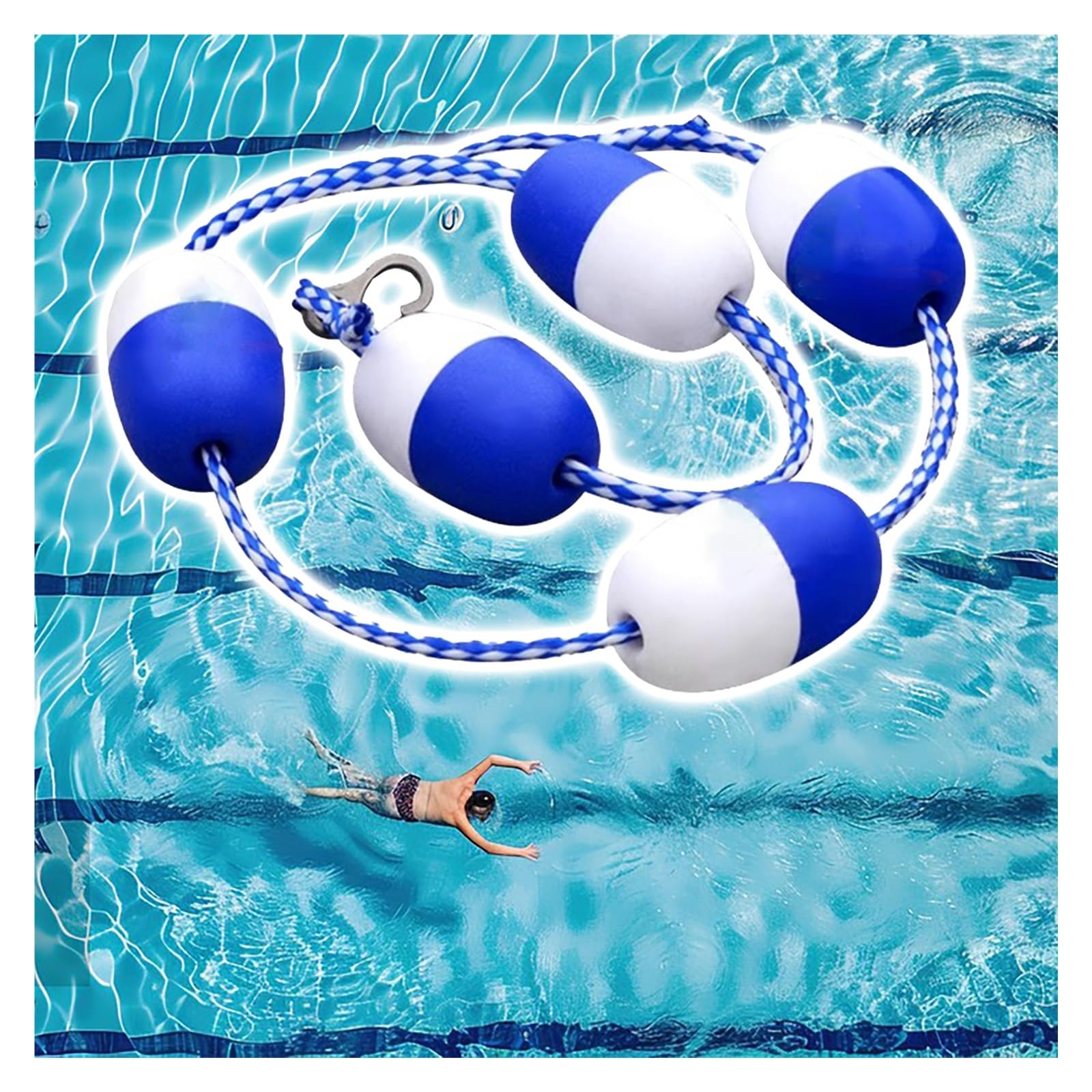 Pool Divider Rope Deep Shallow End for Kids, Commercial Pool Safety Divider Rope, Inside Outside Blue and White Safety Pool Float Rope with Hooks, Replacement Float String(Length 38ft)