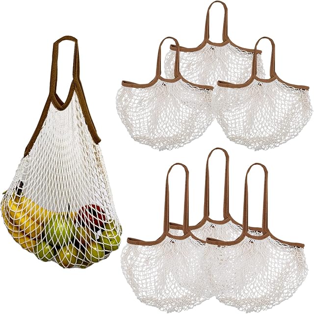 AISIR Grocery Mesh Bags Cotton String Shopping Bags (6 Pack) Reusable Portable, Produce Net Tote Bags with Long and Short Handle Shopping Handbag for Fruit Vegetable Storage.
