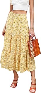 Hibluco Women's Floral Midi Skirts Elastic High Waist A-Line Swing Skirts