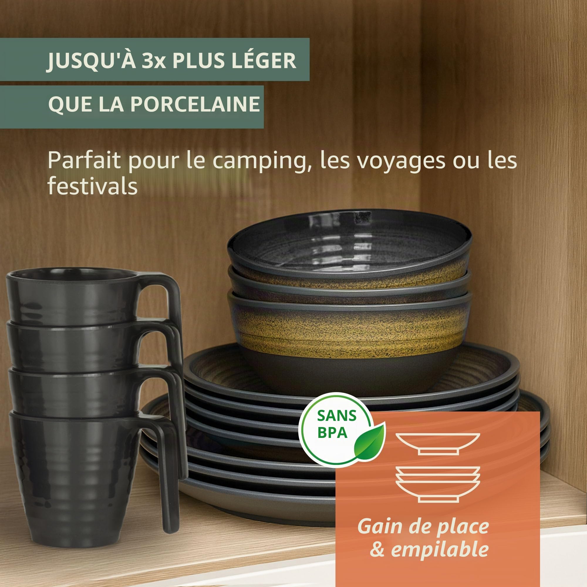 Vaisselle de camping en mélamine pour 4 personnes - Stone Curry + 4 tasses à café - Gobelets - Vaisselle de table - Pique-nique