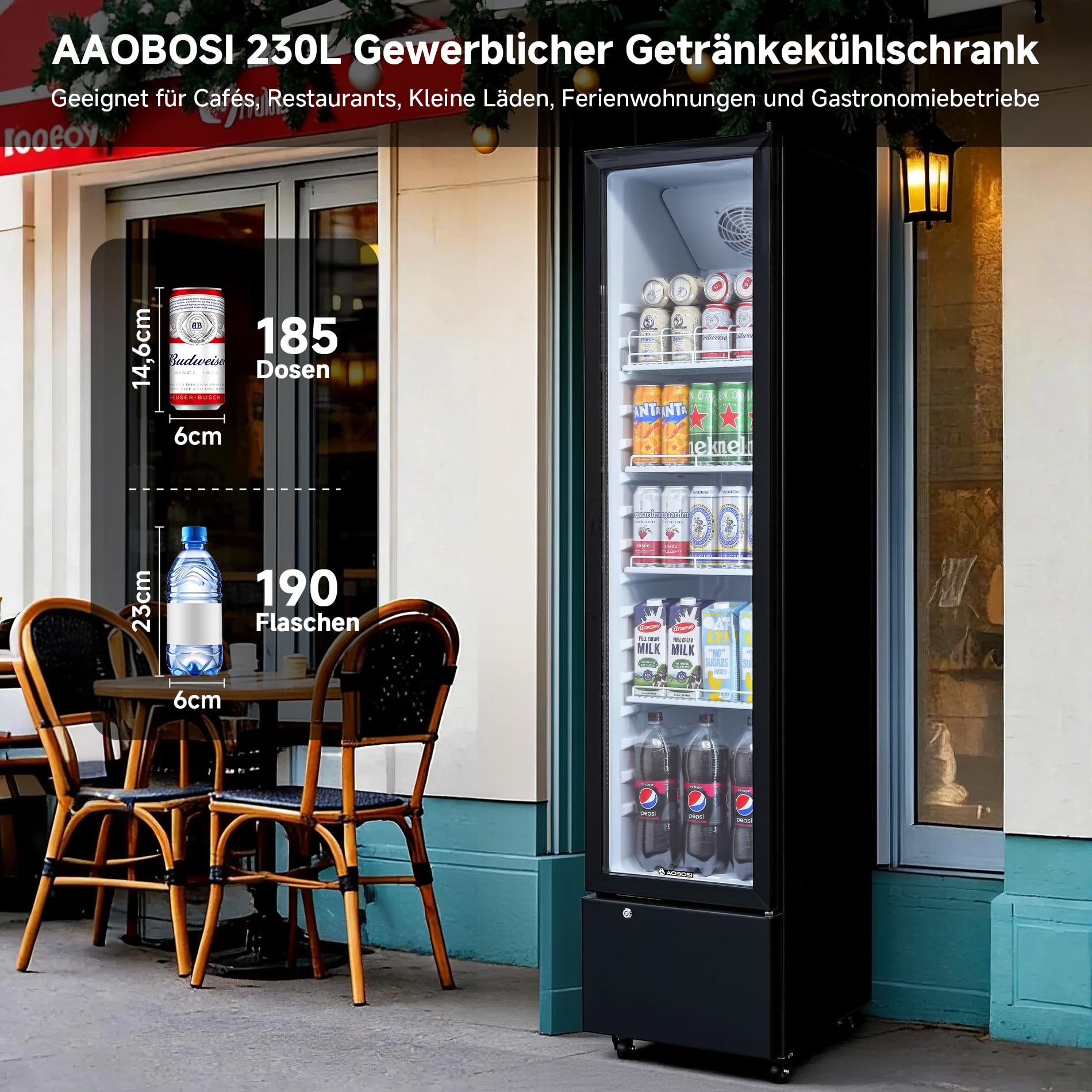 AAOBOSI 230L Getränkekühlschrank mit Glastür| 4 Höhenverstellbare Ablagen| Flaschenkühlschrank mit LED-Beleuchtung| Umluftkühlung| Automatische Abtauun| Abschließbar| für Gastro, Bar, Keller