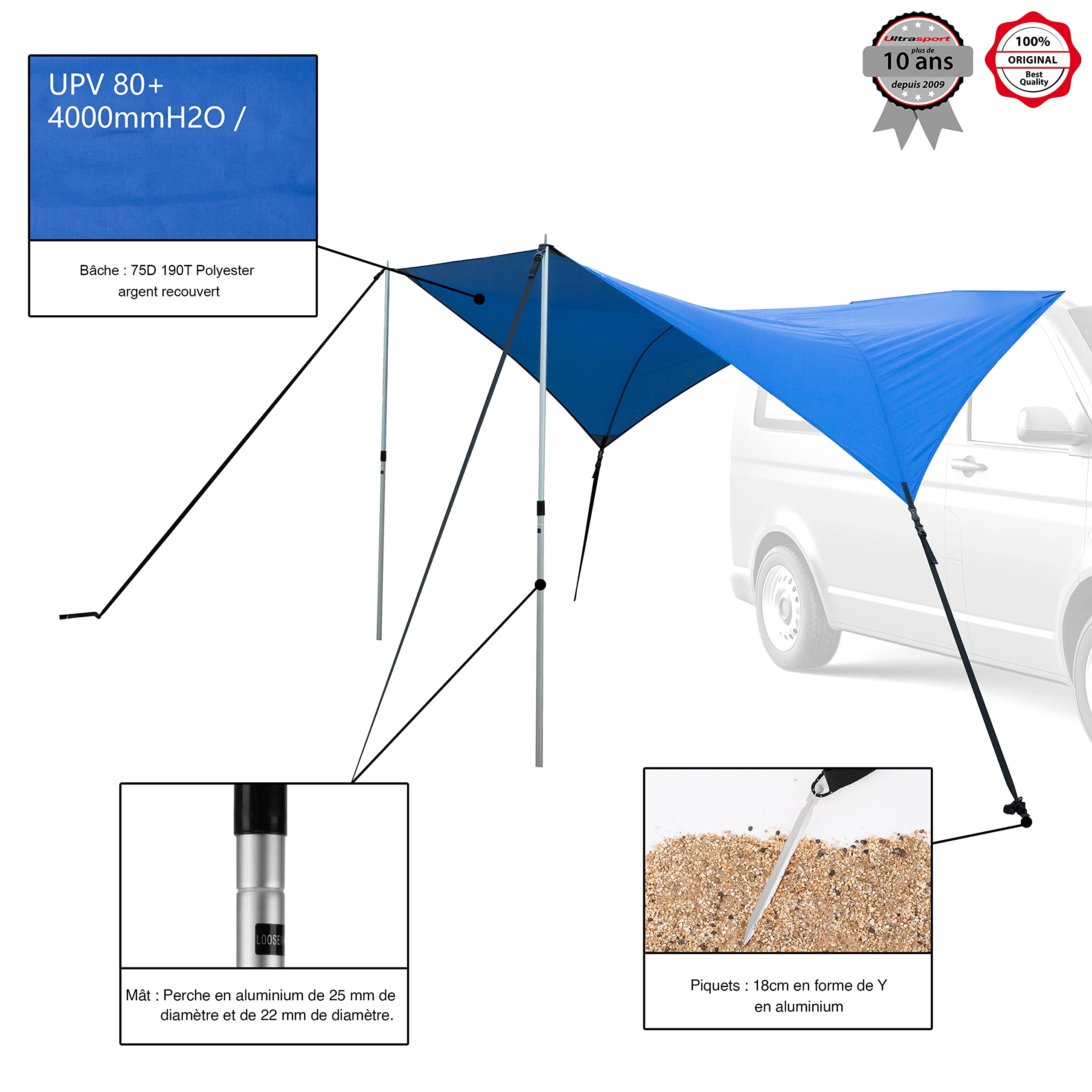 Ultrasport Auvent de voiture, convient aux voitures, aux fourgons et aux bus de camping, protège du soleil et de la pluie,matériau durable et robuste,ventouses intégrées ainsi que des chevilles,Bleu