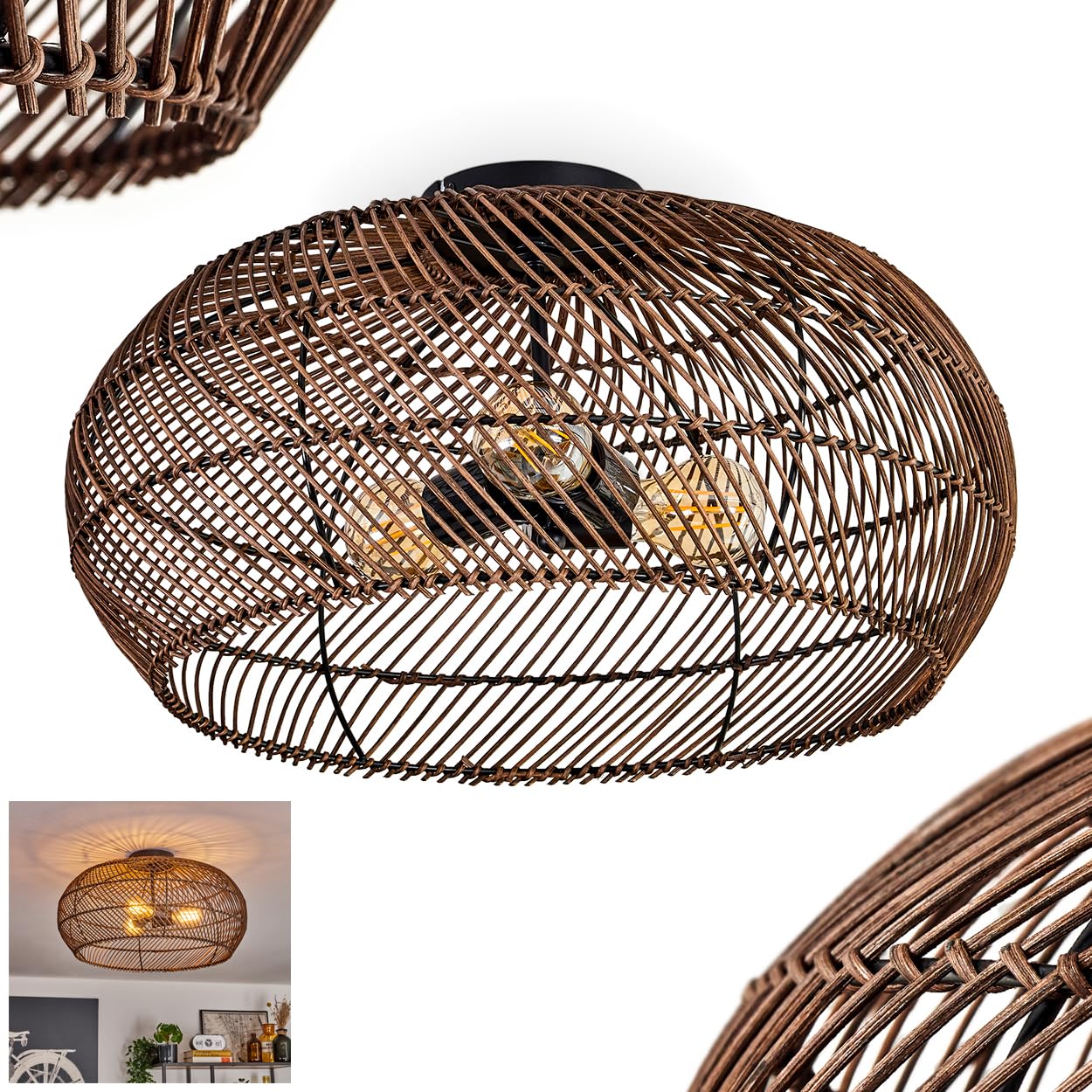 Plafoniera Brandala, lampada da soffitto moderna in metallo/rattan nero/marrone scuro, stile boho con un fantastico effetto luminoso sul soffitto, Ø 50 cm, 3 luci, x E27, senza lampadine
