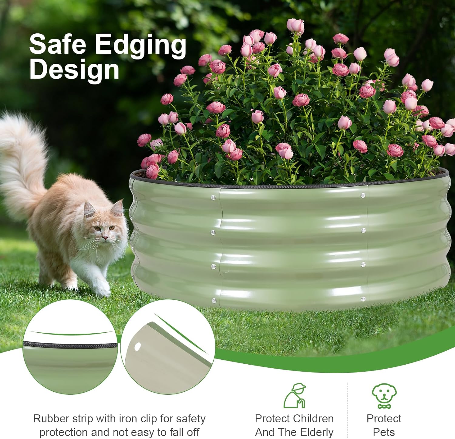 Galvanized Raised Garden Bed- 2Pcs 3x3x1FT Metal Planter Boxes Outdoor | Round Steel Raised Bed Kit & Fire Pit Ring for Gardening with Protective Tape, Gloves for Vegetables, Flower (Green)