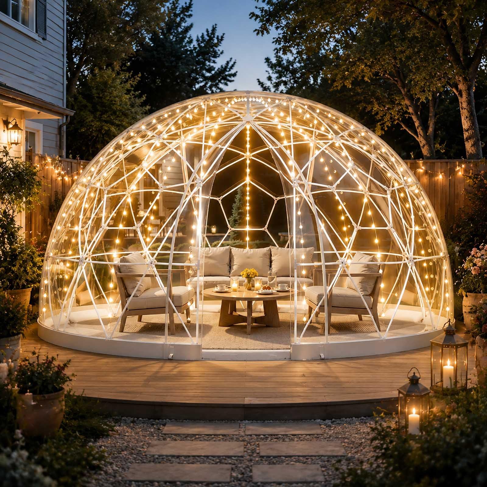 aallwwsso 3.6m Garden Bubble Dome Tent, Clear Pvc Geodesic Greenhouse Igloo, Waterproof Outdoor Dome Shelter For Patio, Backyard, Garden, Camping, Parties & Relaxation, White Edge