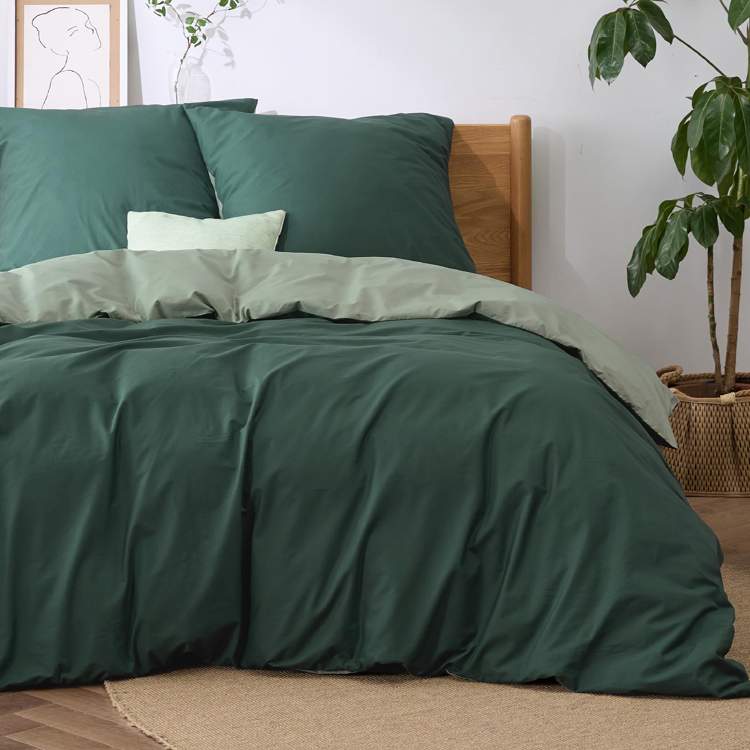 BEDSURE Ropa de cama de 220 x 240 cm, algodón de 220 x 240 cm, color verde salvia y verde oscuro, ropa de cama reversible de 3 piezas con 2 fundas de almohada de 80 x 80 cm, Öko-Tex, funda nórdica de OEKO-TEX STANDARD 100
