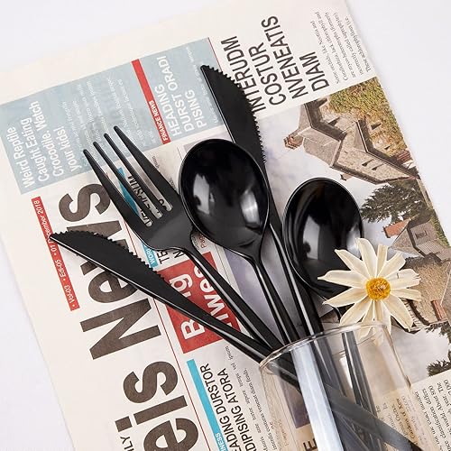 Miniatura 3 de Supernal 180 piezas de cubiertos de plástico negro de plata de alta resistencia, cubiertos de plástico desechables para fiestas, tenedores y