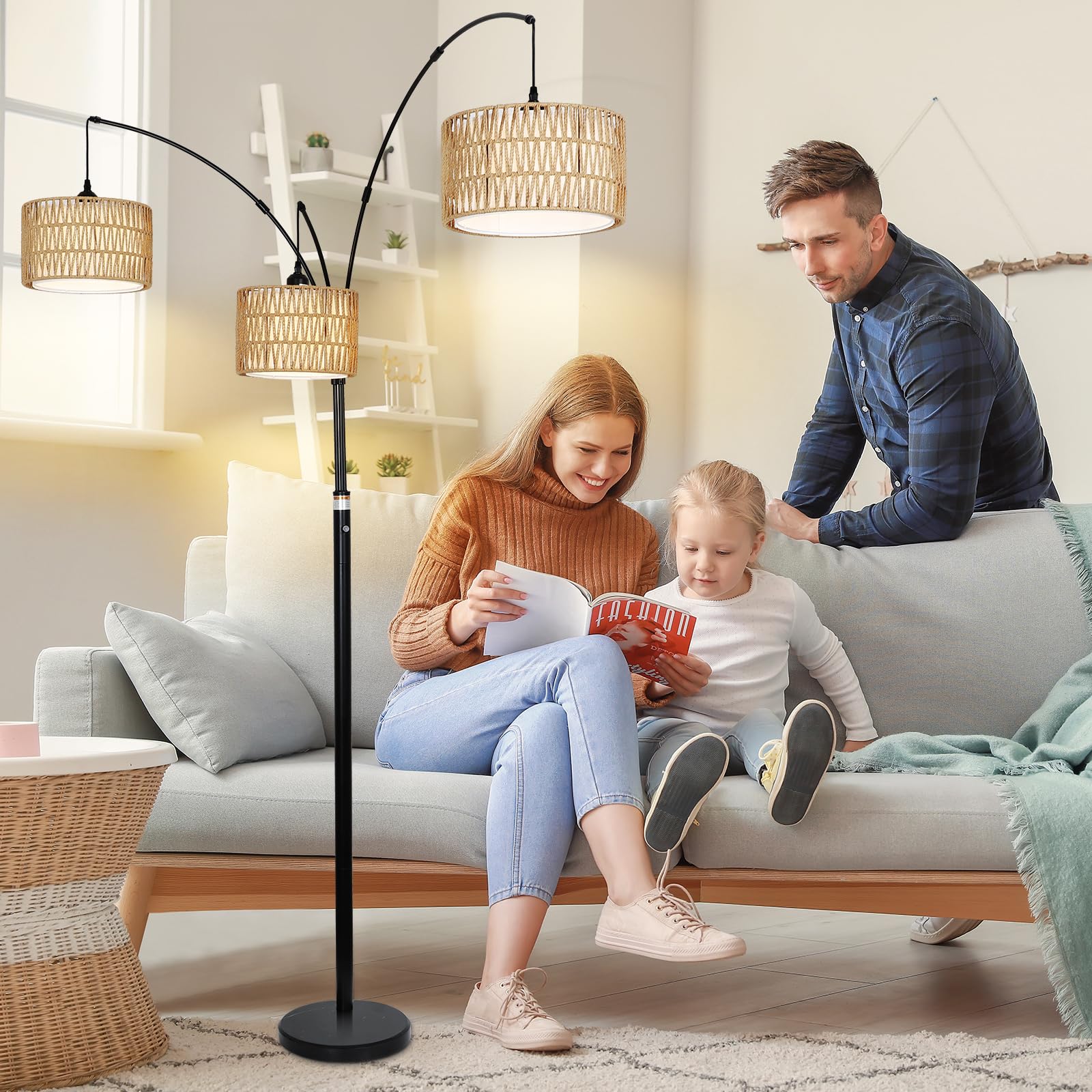 3 Lights Arc Floor Lamps for Living Room, Dimmable Floor Lamp with Rattan & Fabric Shades, Black Modern Arched Tall Standing Lamp, Farmhouse Boho Floor Lamp for Bedroom office, Adjustable Corner Lamps