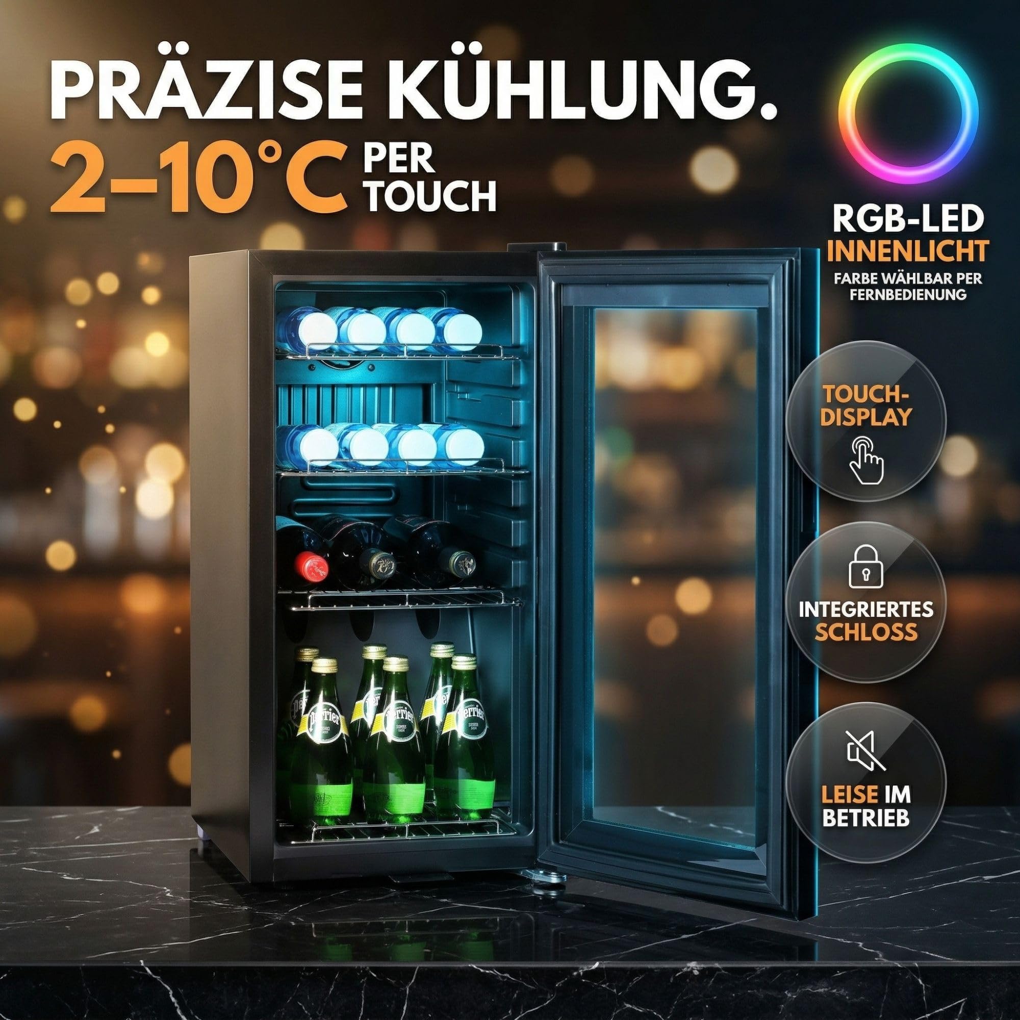 Sommertal GK50 Kühlschrank mit Glastür 50L Leiser Getränkekühlschrank RGB LED Touchscreen Schloss Schwarz