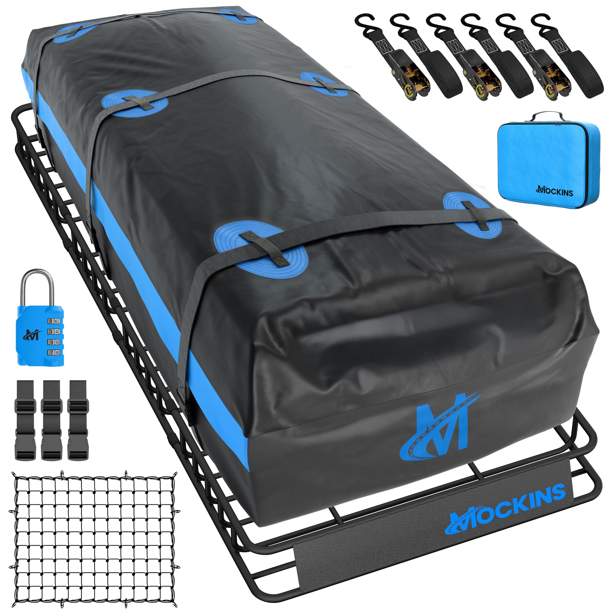 Mockins XL 84"x39"x6" Extendable Roof Rack Cargo Carrier & 35 CuFt Waterproof Cargo Bag for Top of Car | 3 Length Sizes: 40", 63", 84" Luggage Rack for SUV Car & Truck with Roof Basket Accessories