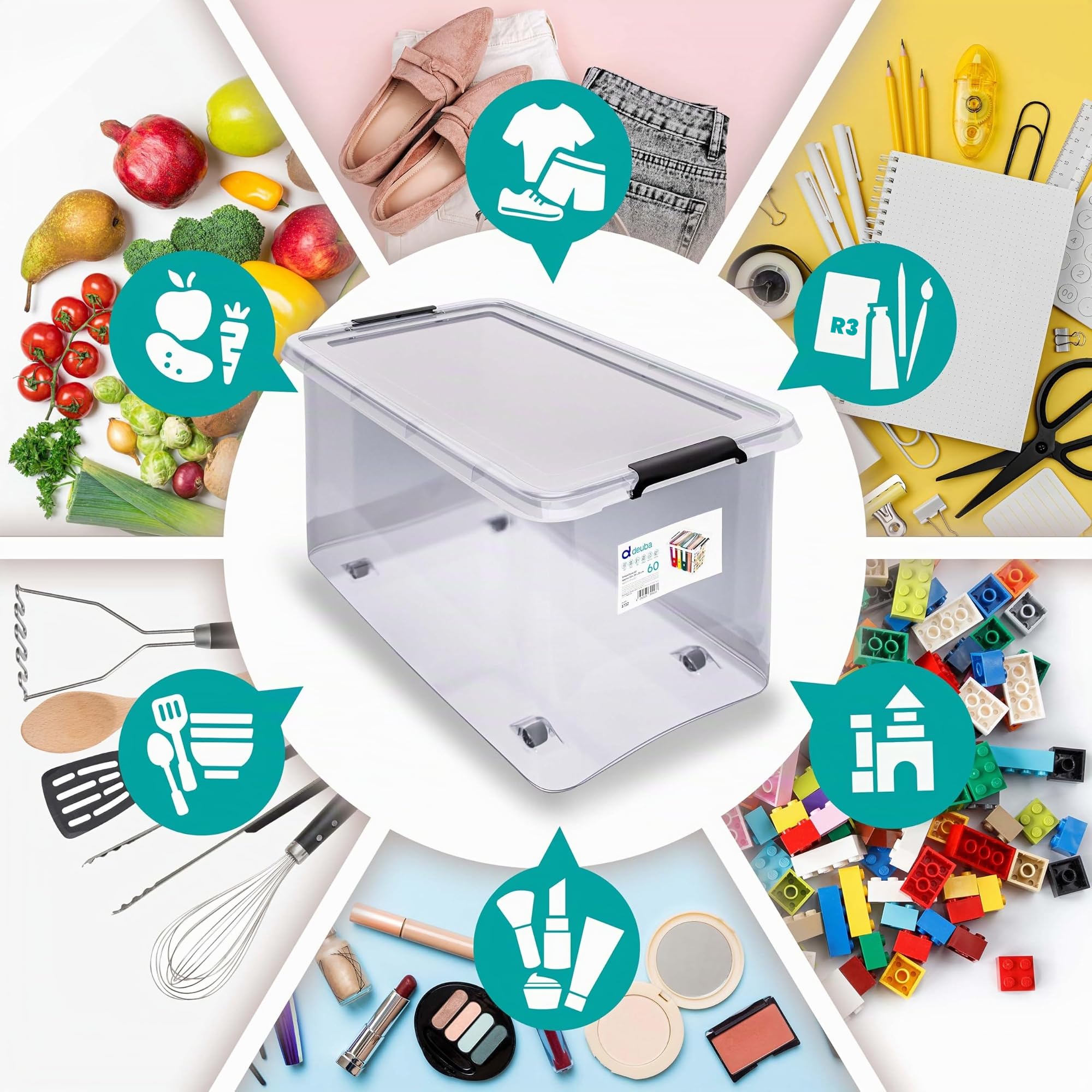 Deuba® 4X Cajas de Almacenamiento 30L Tapa Clips de Cierre Transparentes Almacenaje Juguetes Ruedas Apilable