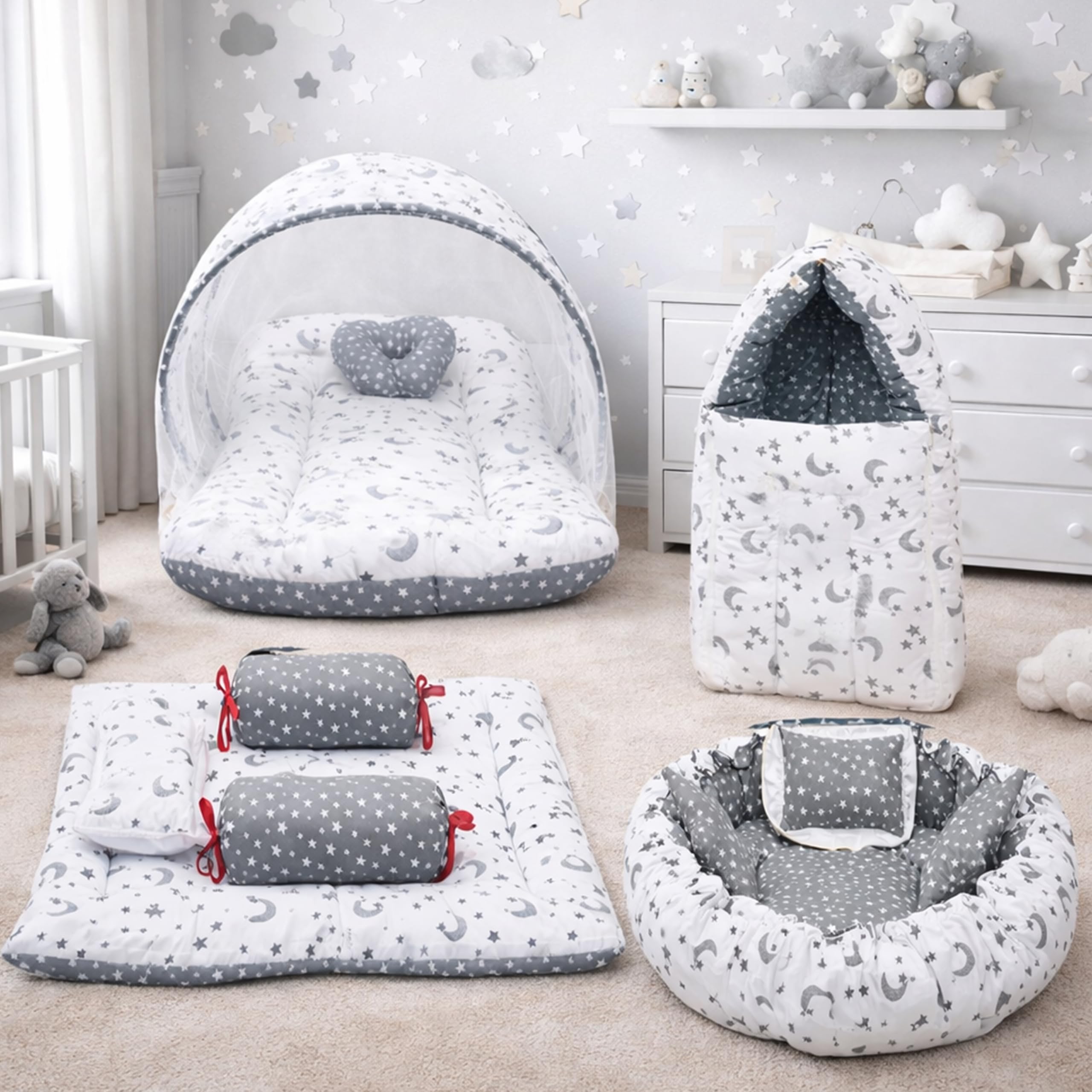 Fareto Combo of Baby Nest | Net with Bed | Carry Bag | 4 Pcs Bedding Set(0-6 Months) (Fullset Nest) (Grey Moon)-image-41