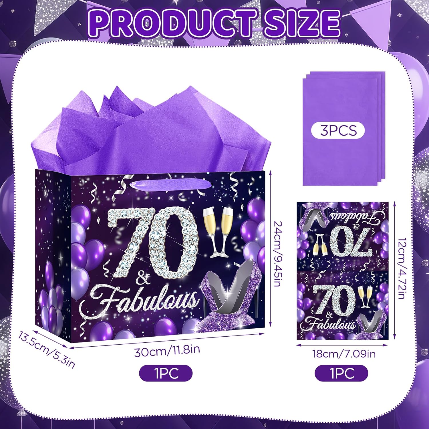 Neptniopllab 70th Birthday Gift Bag,Black & Purple Large Party Gift Bag with Tissue Paper and Greeting Card 70 & Fabulous Decorative Gift Bags for Women 70th Birthday Celebration Party Supplies - Image 2