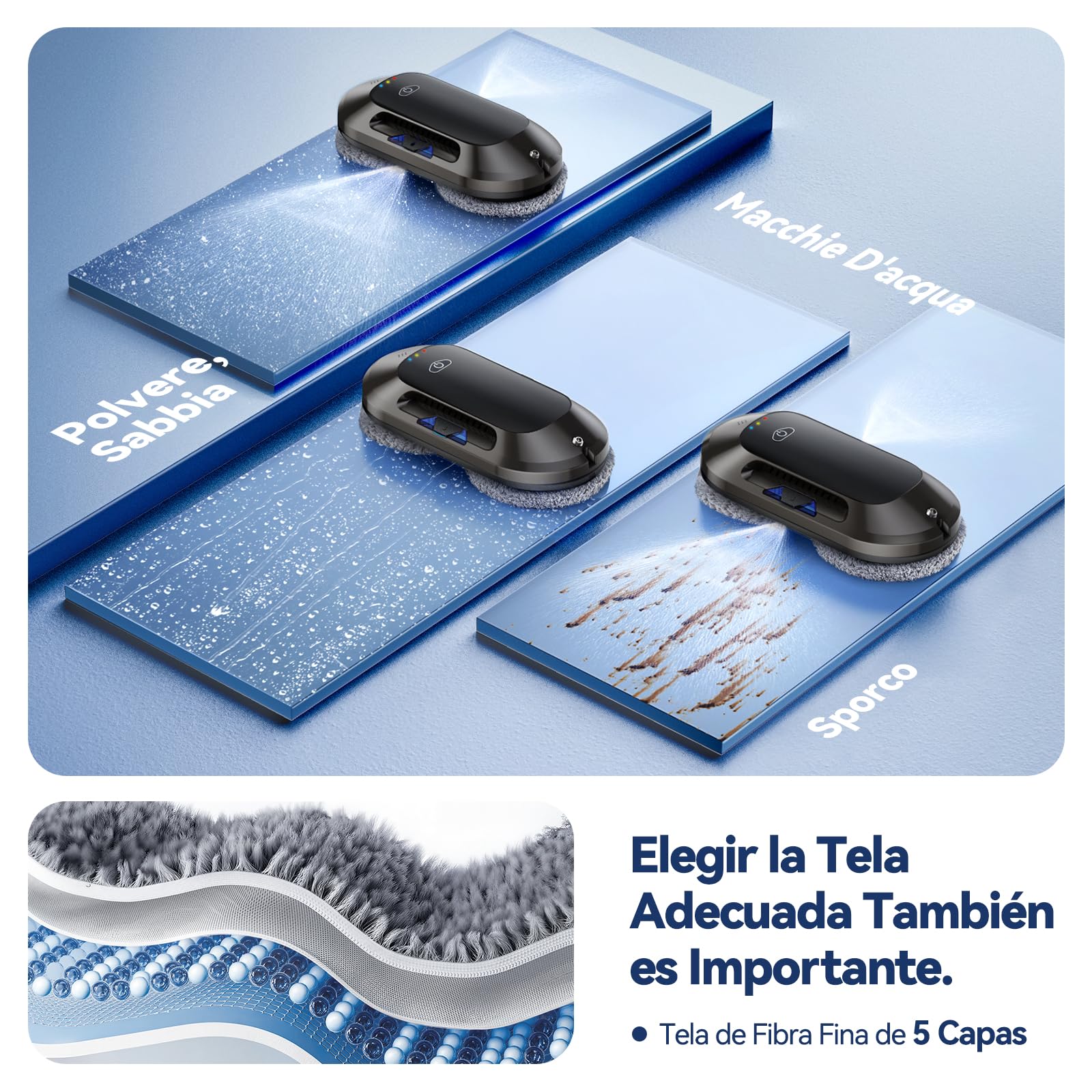 Robot limpiacristales con Función de Pulverización, Succión Turbo de 6500 Pa, 3 Modos de Limpieza y navegación Inteligente para una Limpieza eficaz de Ventanas, Modelo: W23D