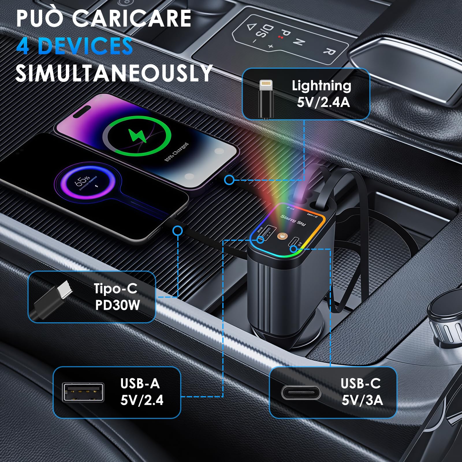 Caricatore Auto Accendisigari 66W, Caricatore Auto Retrattile USB C 4 in 1 Con Cavo Estensibile, Carica Batteria Per Auto Cellulare Compatibile Con i Phone 16/15/14/13 e Sam-sung S25/S24/S23
