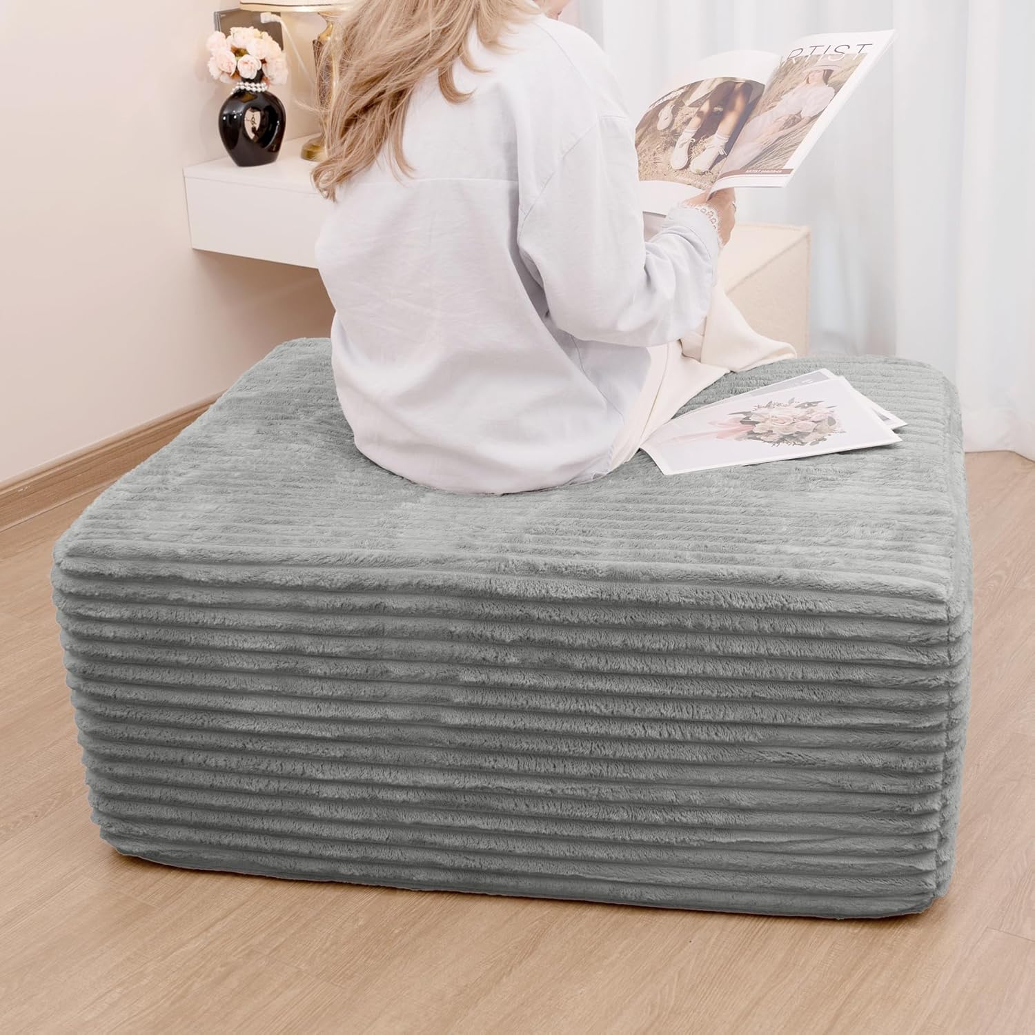 37.4" Plush Corduroy Ottoman, Upholstered Cloud Ottoman for Boneless Couch in a Box, Modular Sectional Couches for Living Room Bedroom, Compressed Memory Foam, No Assembly Require, Grey