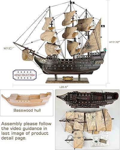 Miniatura 8 de SAILINGSTORY - Modelo de barco pirata de madera, modelo de perla negra, velero, decoración de velas desgastadas