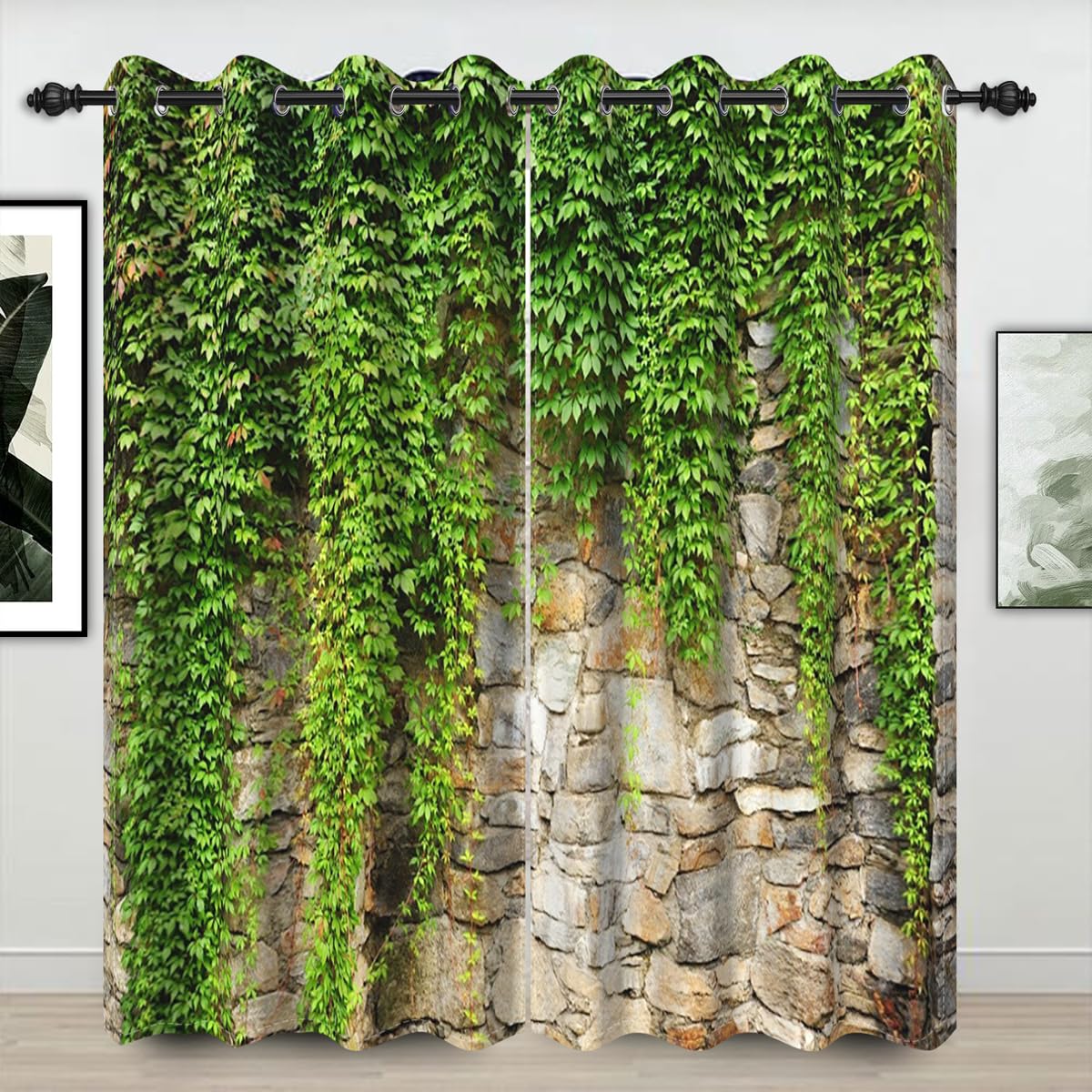 Umpoo Green Ivy Leaf Blackout Curtains Leaves Plants Rustic Stone Wall Spring Scenery Curtain for Living Room Bedroom Home Decoration Window Drapes Fabric Set of 2 Panels, 52x63 Inch