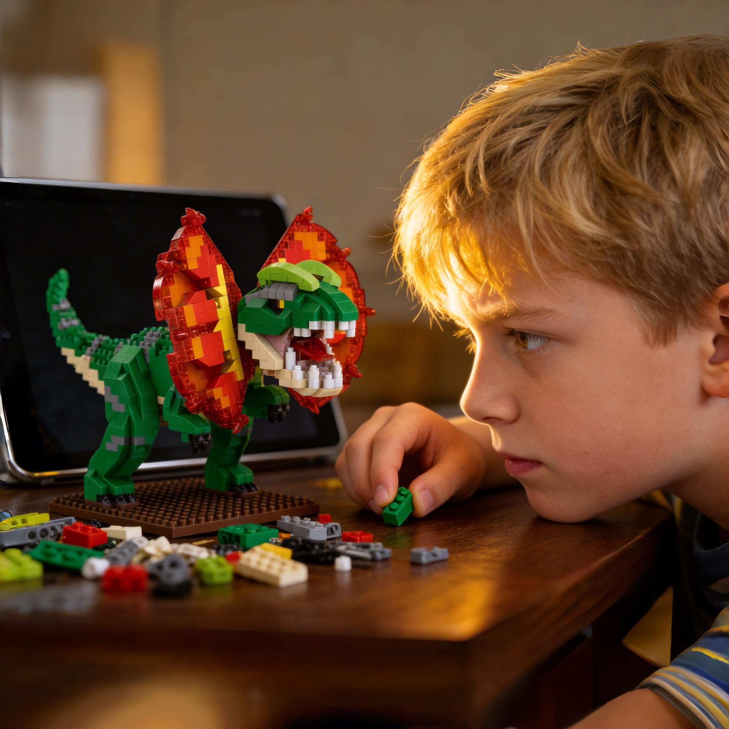Juego de microladrillos de dinosaurio: 1000 piezas de dilofosaurio feroz con auténticos tonos rojo y verde, atractivo pasatiempo de construcción, llamativo exhibición para el hogar de Dino