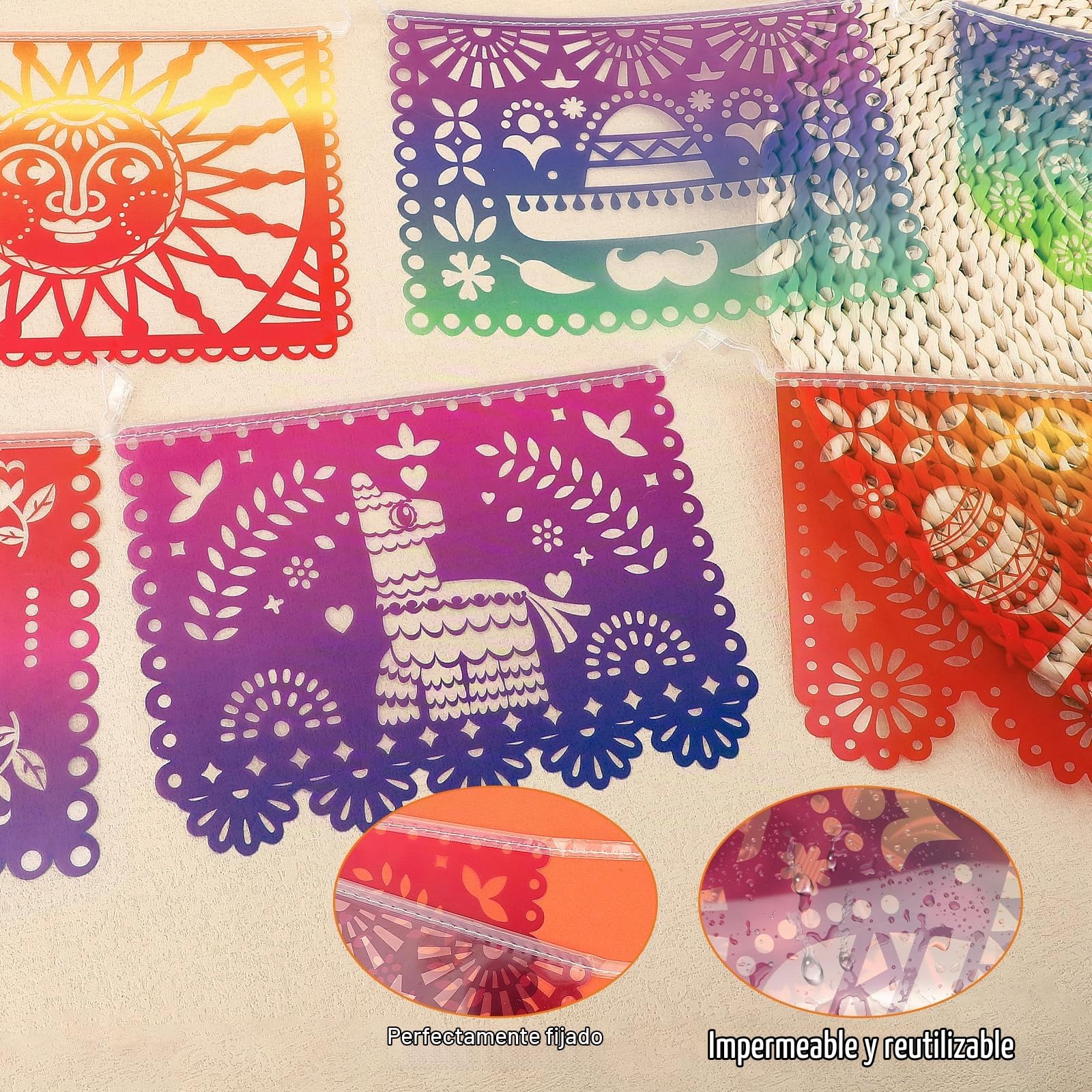 Qpout 5 Paquetes Banderas Mexicanas De Fiesta Plástico Iridiscente Papel Picado Banner Cinco de Mayo Decoración Fiesta Guirnalda Para Día De Los Muertos Decoración,Fiesta Cumpleaños Baby