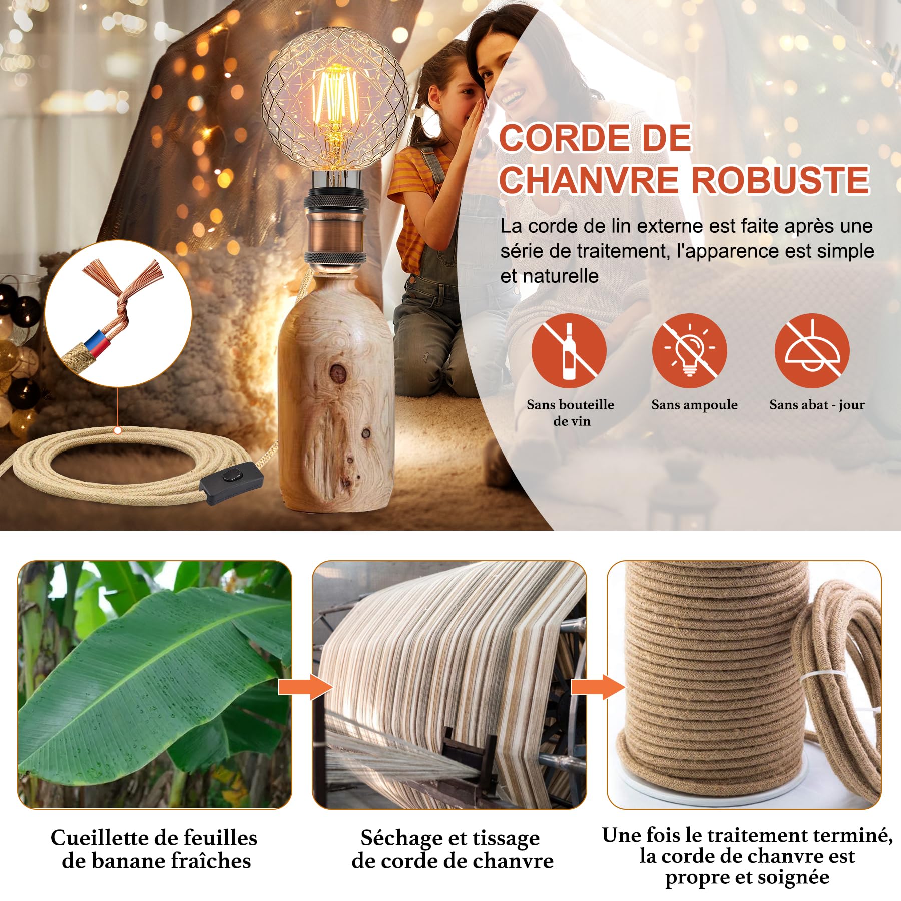 2PCS Kit Lampada Bottiglia, Portalampada E27 con Cavo di Canapa da 240CM, Supporto per Lampada Bottiglia, 3 Tappi Flessibili, Adattatore per Bottiglia per Portalampada, Può Fare da Paralume, Rosso
