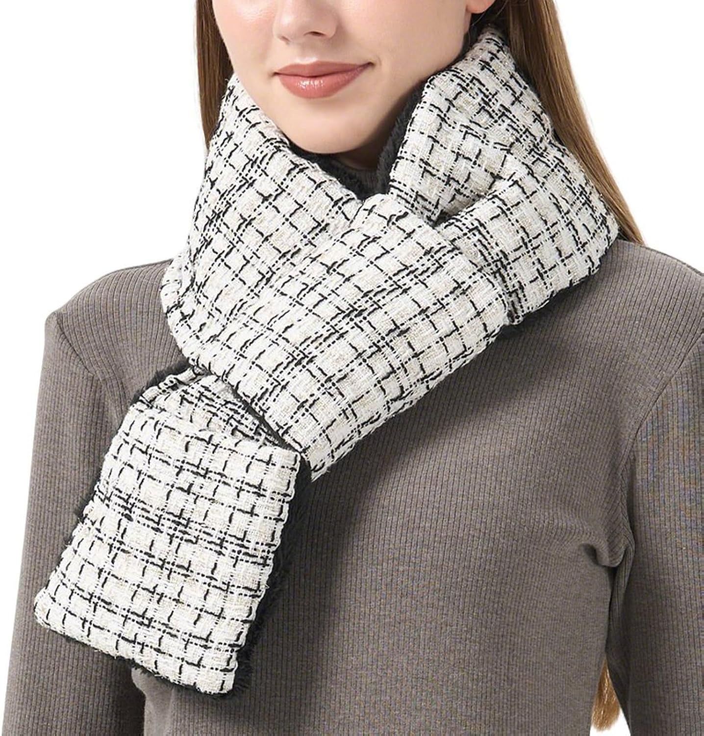 Down Scarf for Women - Fashion Plaid Soft Sherpa Fleece Lining Neck Warmer Cold Weather Warm Scarf with Pocket