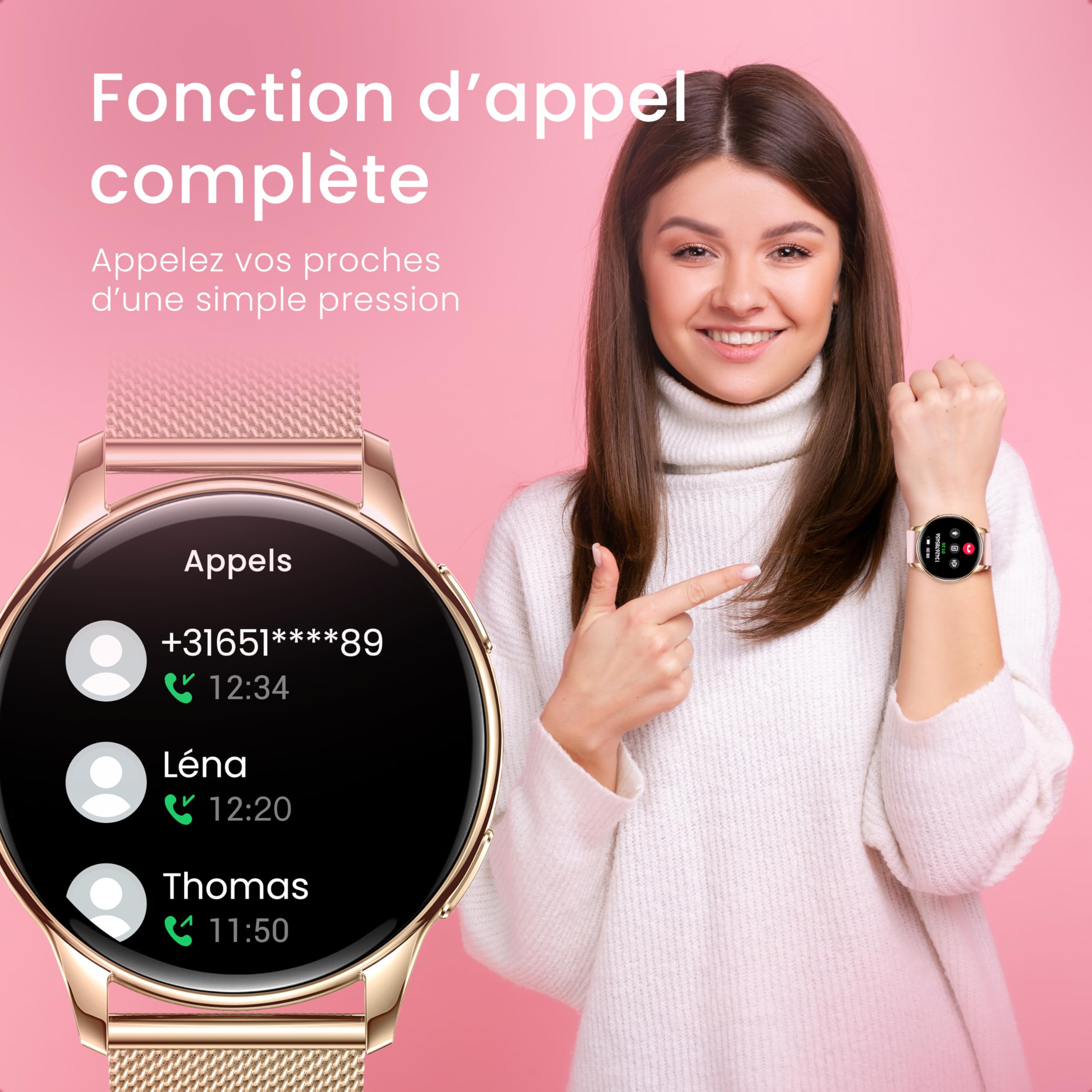 maoo Montre connectée Ventura pour Femme avec Fonction d’Appel, écran AMOLED 1,32 Pouce, cardiofréquencemètre, SPO₂, tensiomètre, Plus de 100 Modes Sport, étanche IP67, 5 Bracelets Inclus (Or Rose)