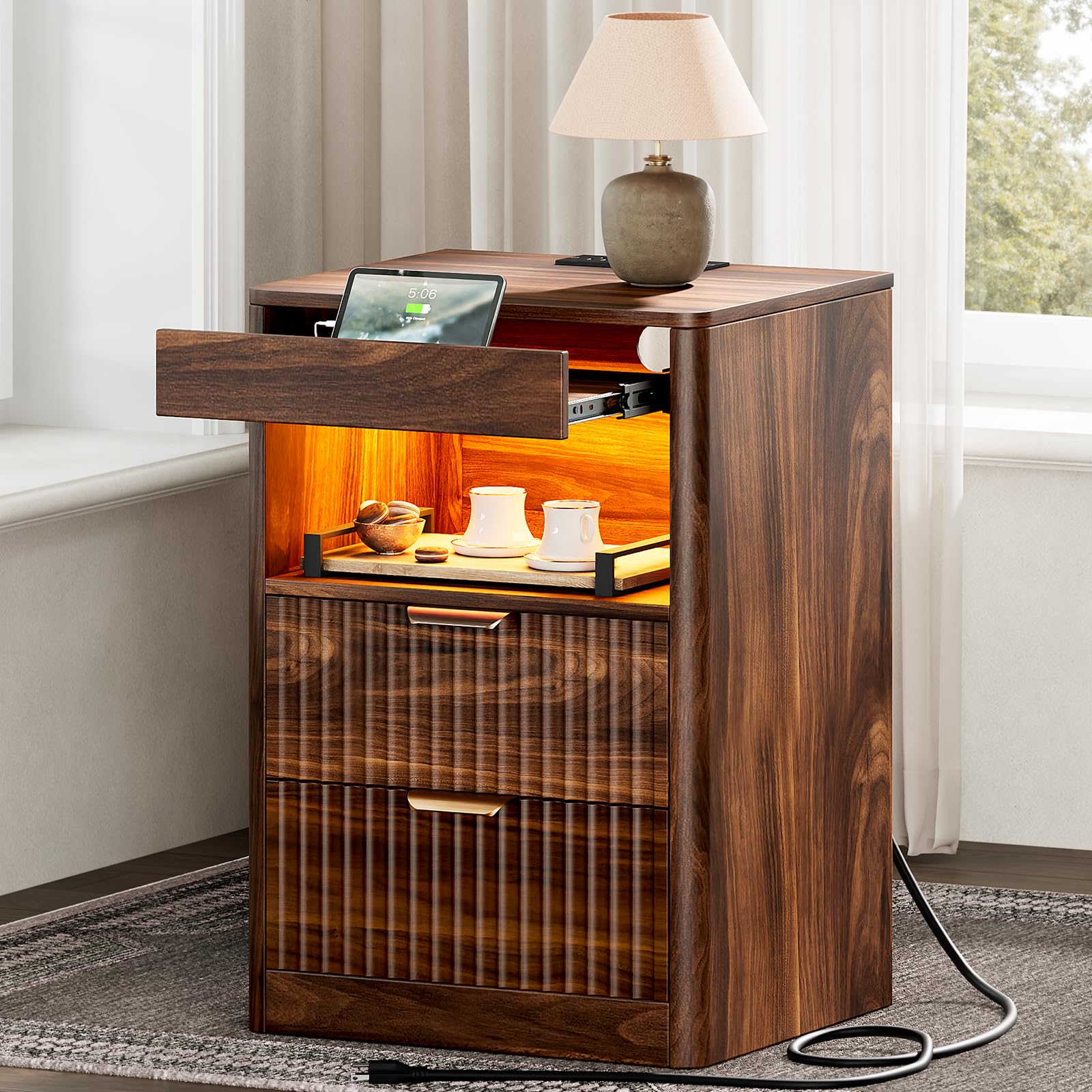 REAHOME Fluted Nightstand with Charging Station, Modern LED Night Stand with 2 Drawers and Pull Out Tray, Wood Bedside Table, End Side Table with Open Shelf for Bedroom,Walnut